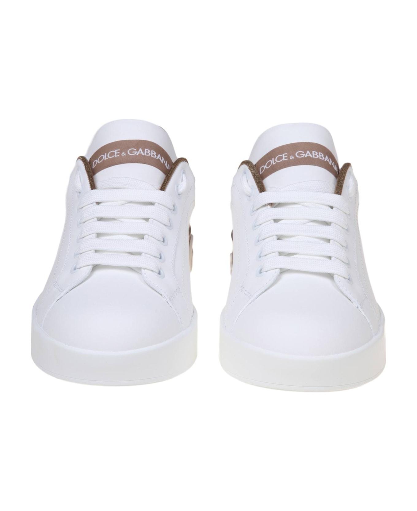 Dolce & Gabbana Portofino Sneakers In White And Gold Leather - POWDER GOLD