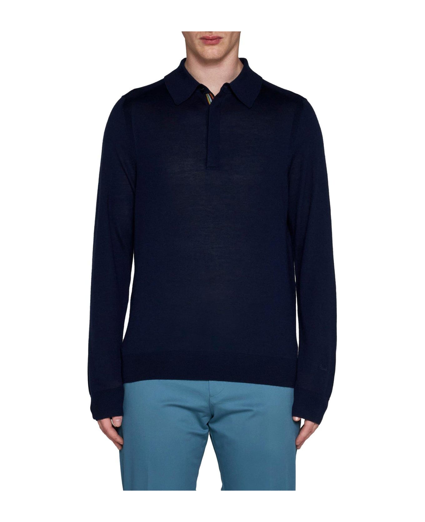 Paul Smith Long-sleeved Knit Polo Shirt - NAVY