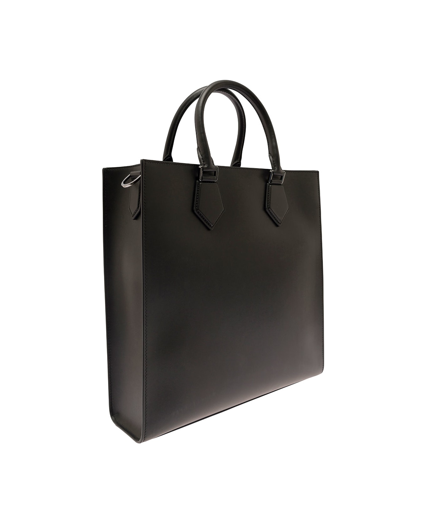 Dolce & Gabbana Black Tote Bag With Raised Tonal Logo Tag In Leather Man - Black