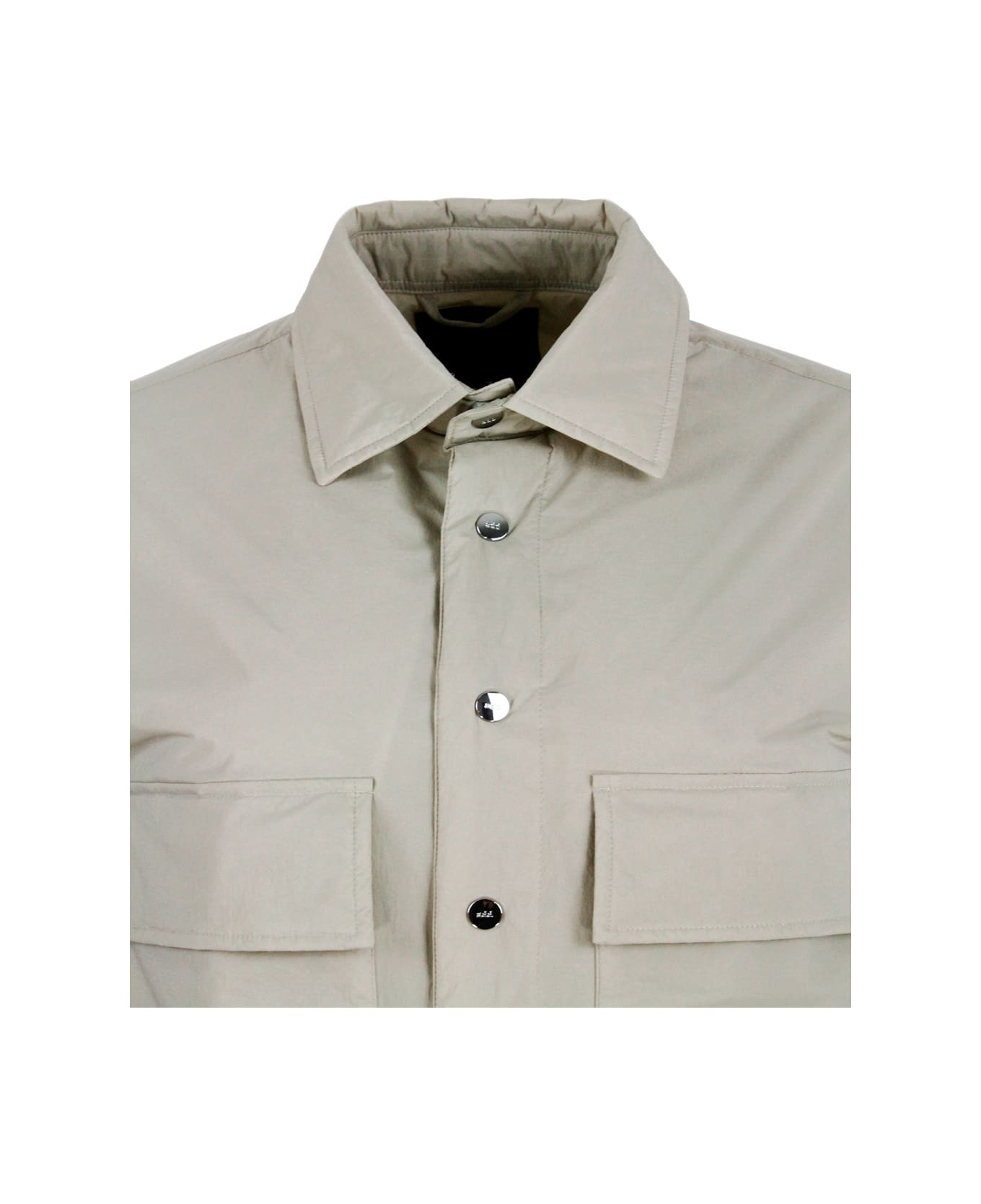 Add Lightly Padded Shirt Jacket In Recycled Material With Patch Pockets And Snap Button Closure - Stone Grey