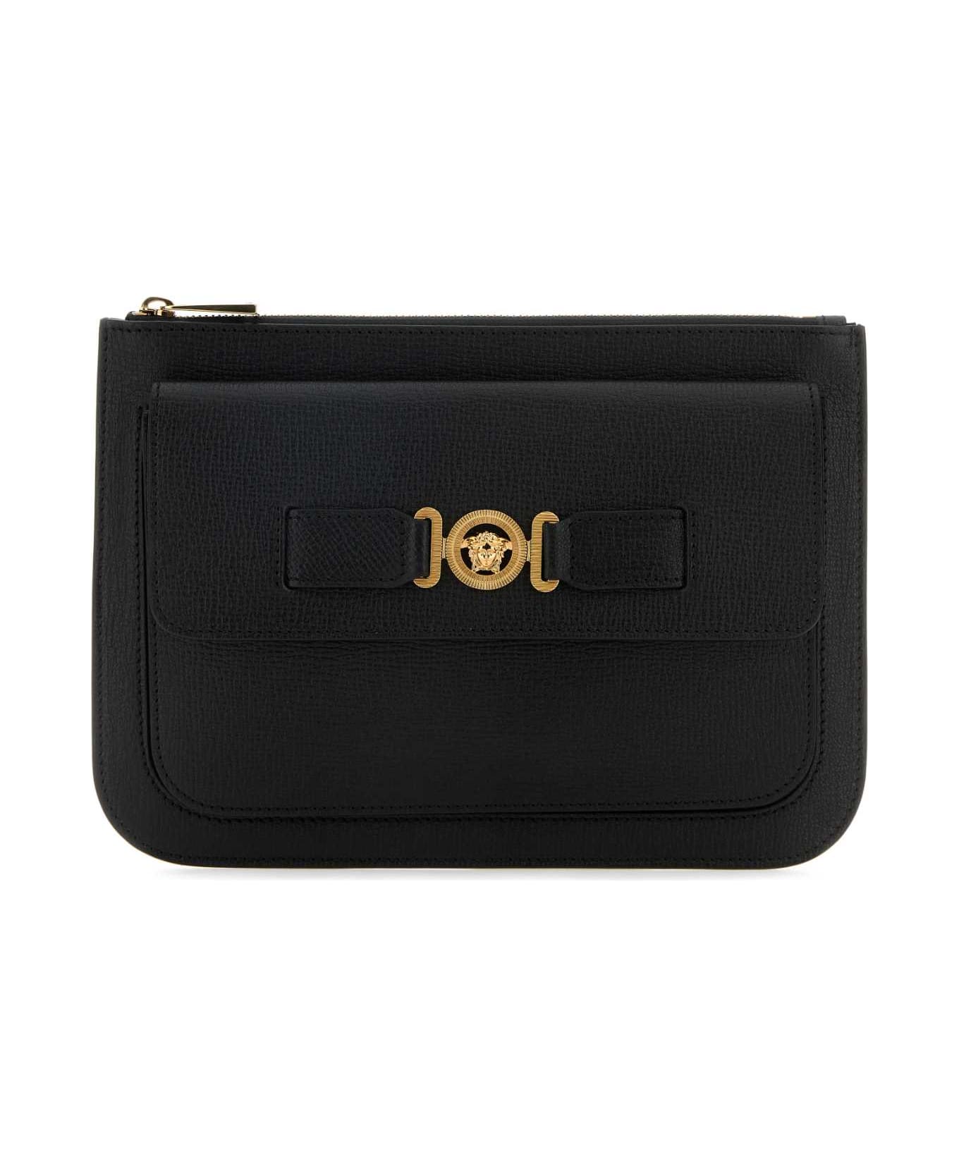 Versace Black Leather Medusa Biggie Clutch - BLACKVERSACEGOLD