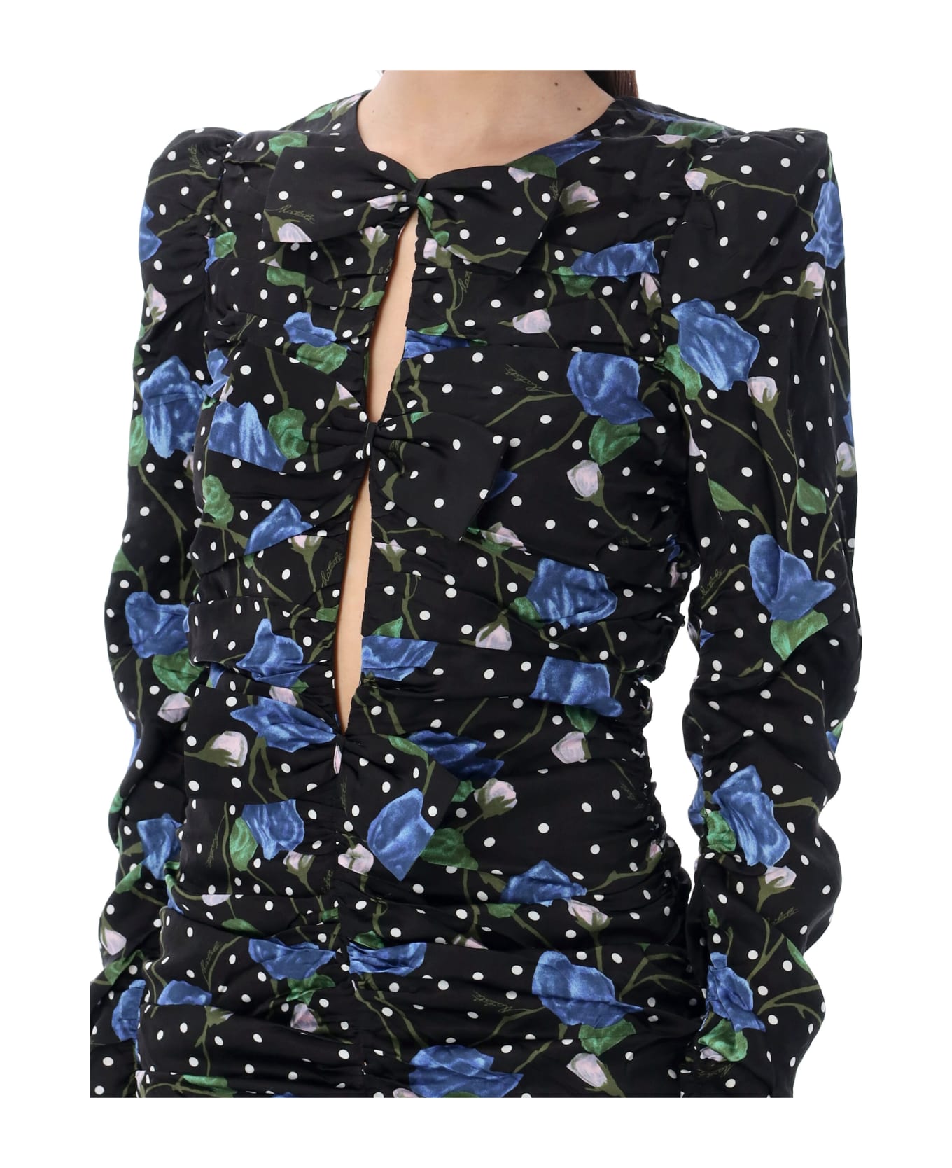 Rotate by Birger Christensen Satin Ruffle Mini Dress - BLACK BLUE FLOWER ワンピース＆ドレス