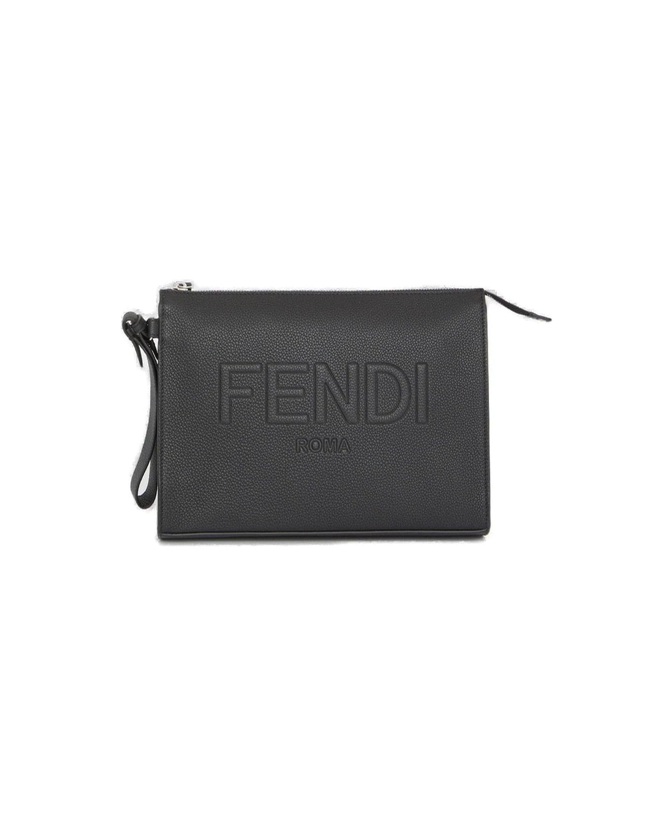 Fendi Logo Embossed Zipped Pouch - BLACK