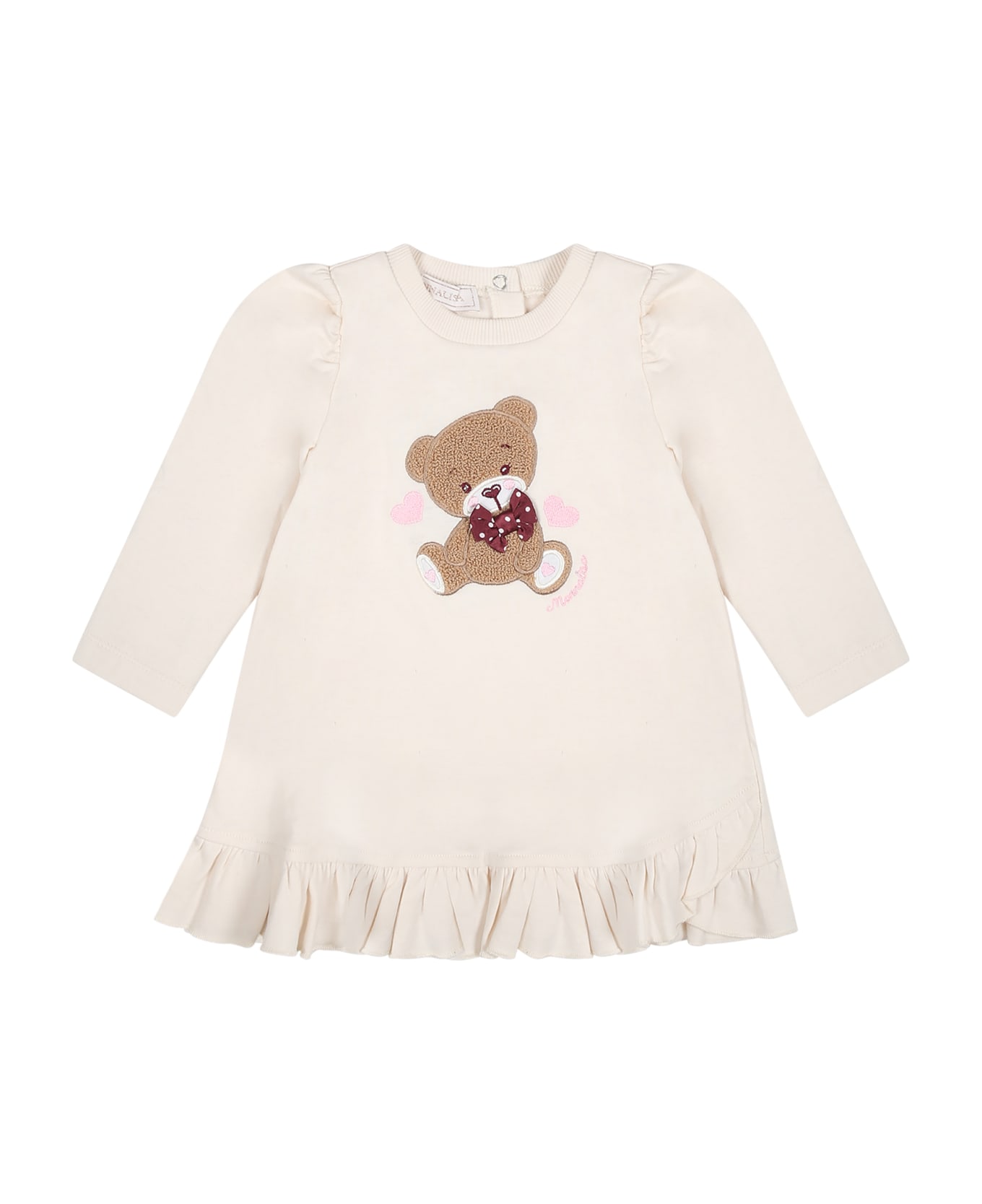 Monnalisa Beige Dress For Baby Girl With Bear - Beige ウェア