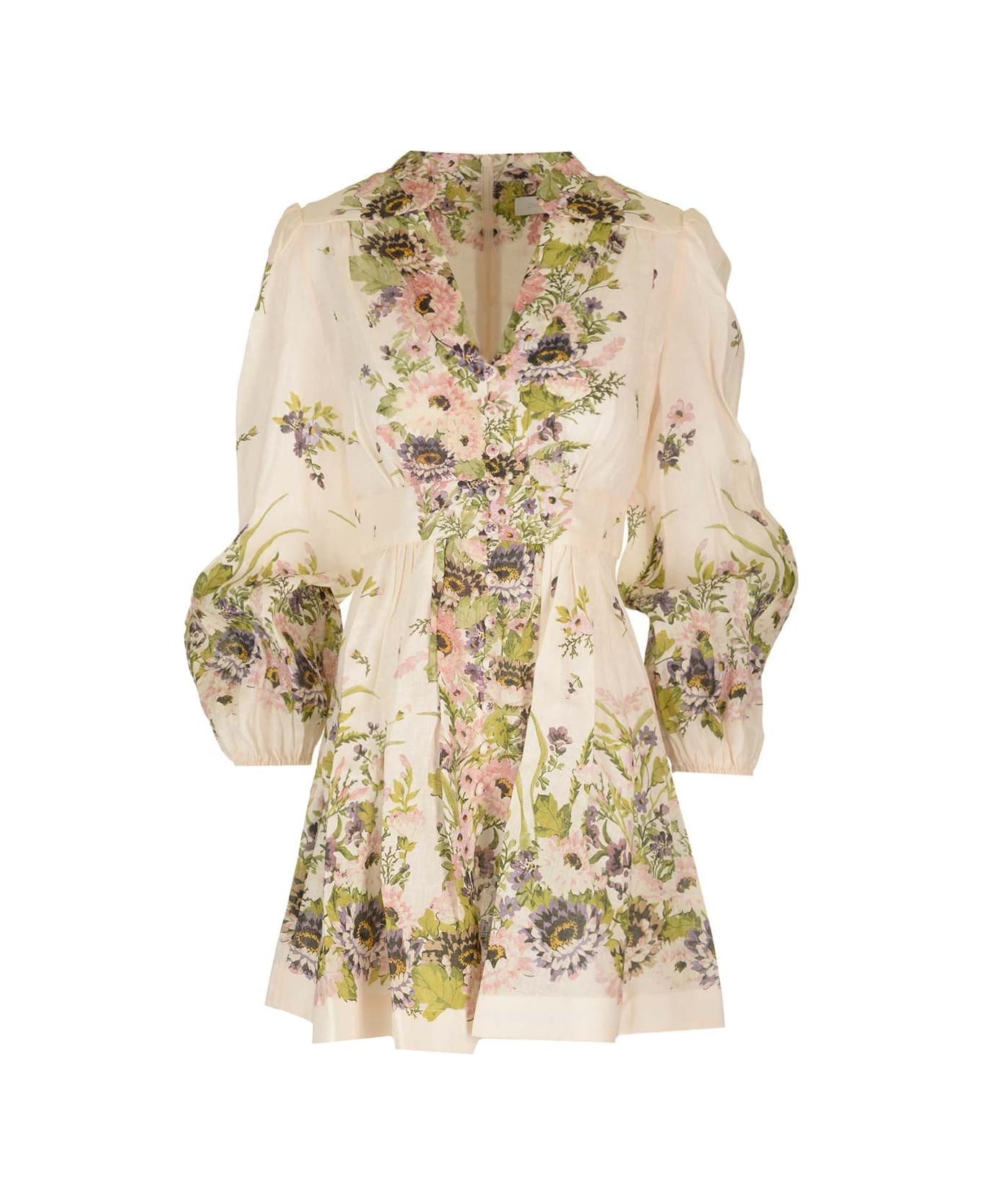 Zimmermann Halliday Plunge Mini Dress - Cream multi floral