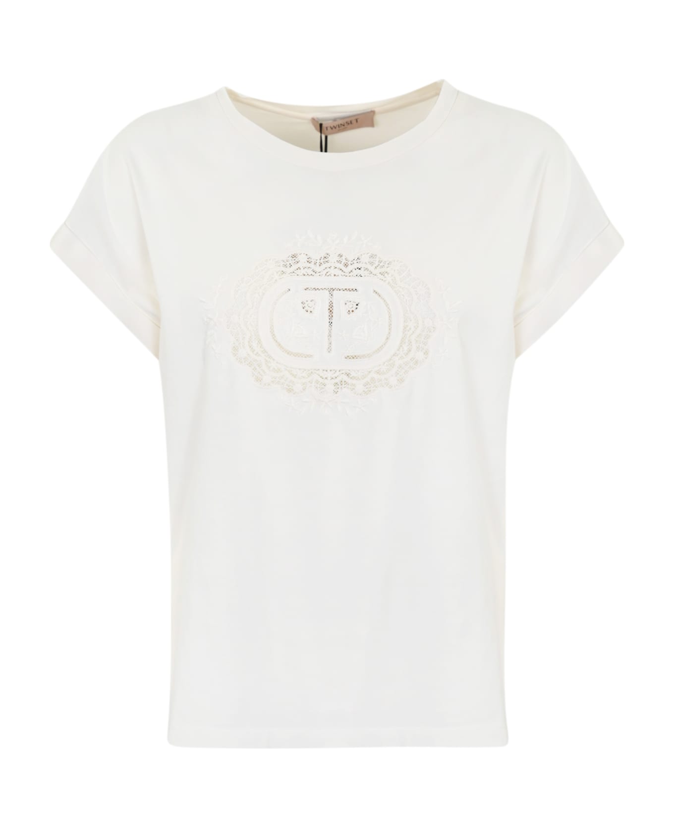 TwinSet T-shirt With Lace Logo - Bianco ottico Tシャツ