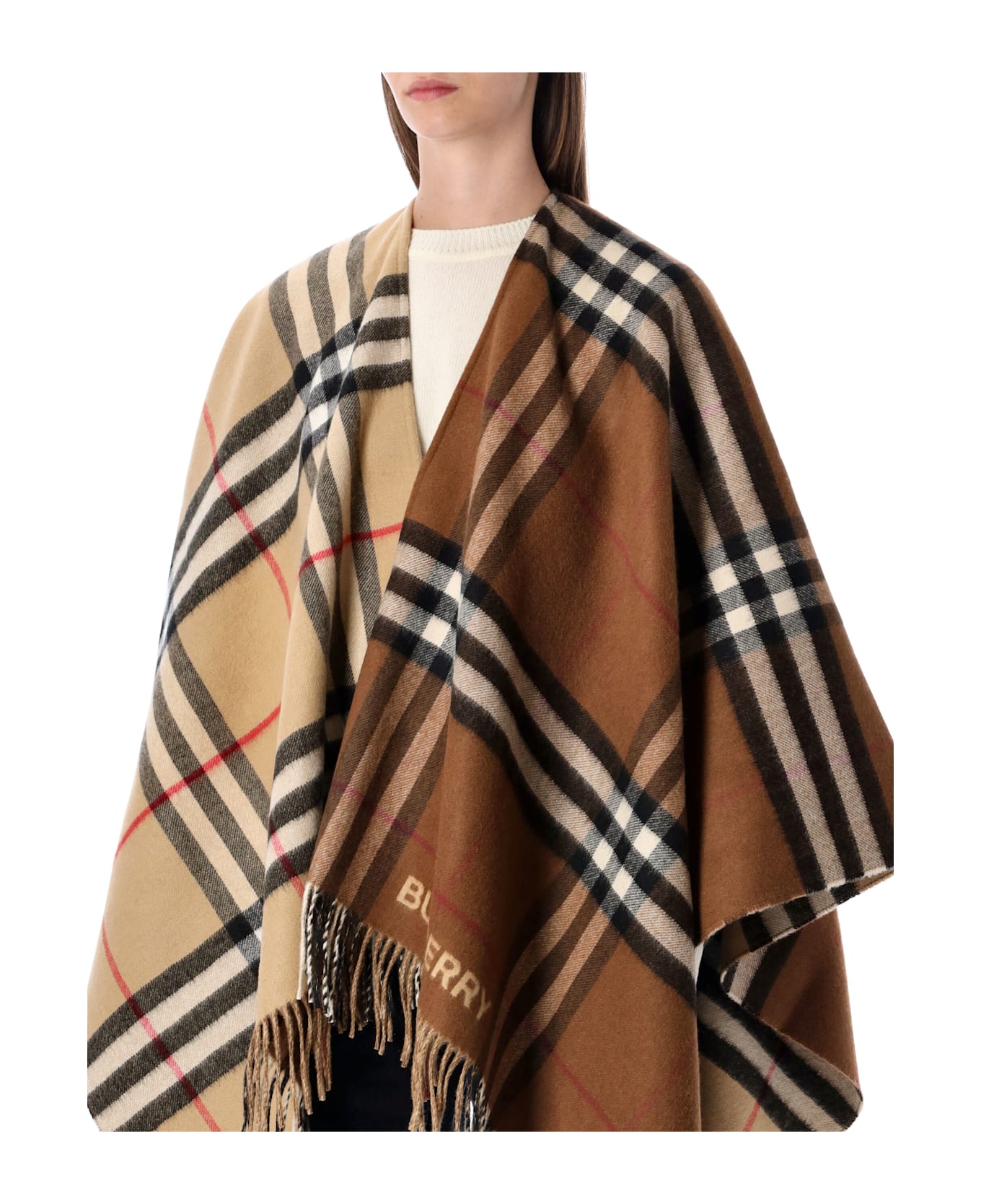 Burberry London Wool Cashmere Cape With Contrast Burberry Check - ARC BEG/DRK BIR BRWN