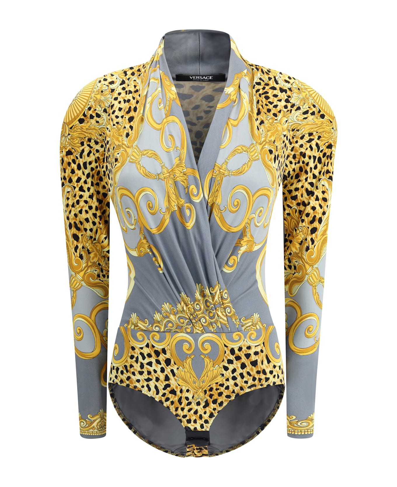 Versace Leopard Draped Bodysuit - Light Grey+Elephant Grey