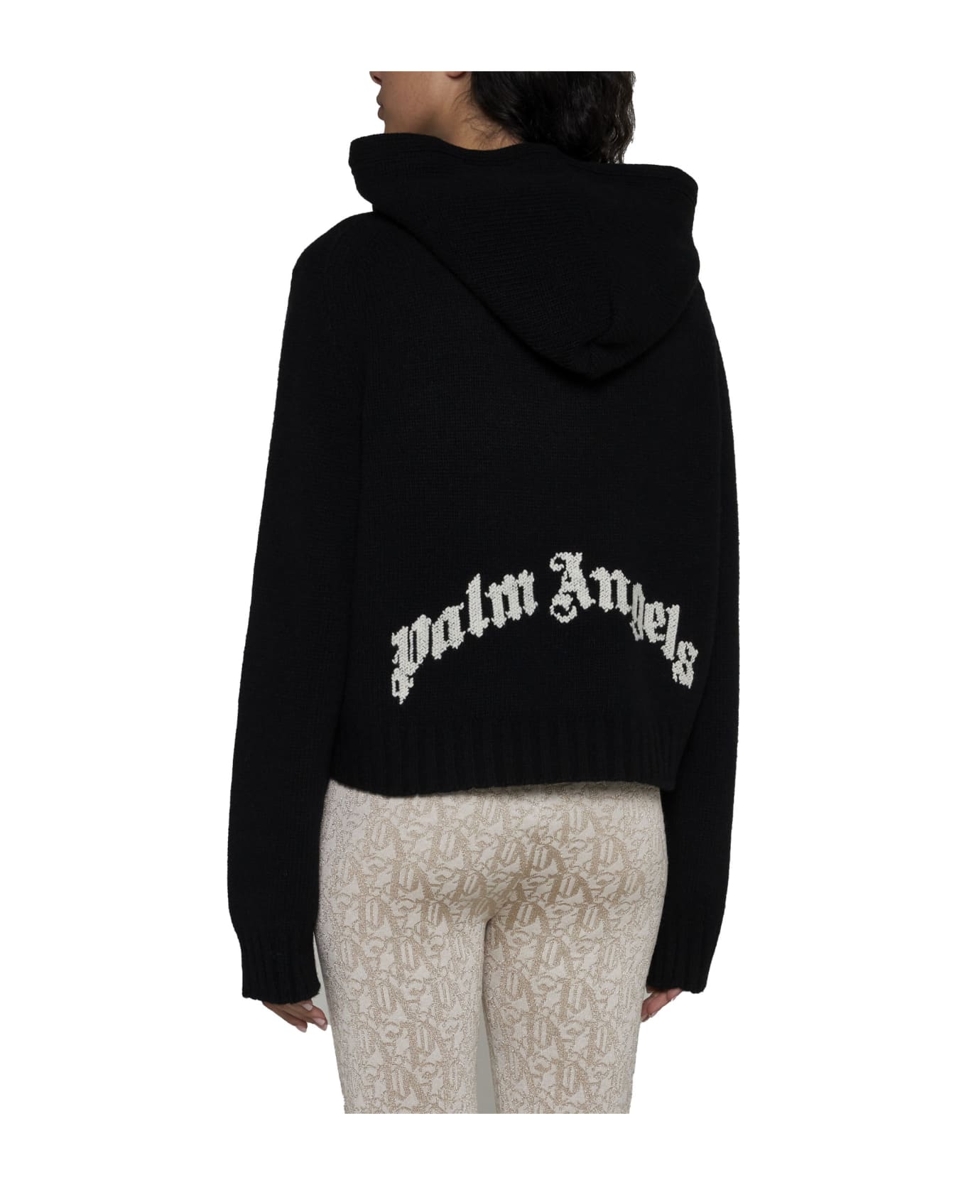 Palm Angels Logo Wool-blend Hoodie - Black white フリース