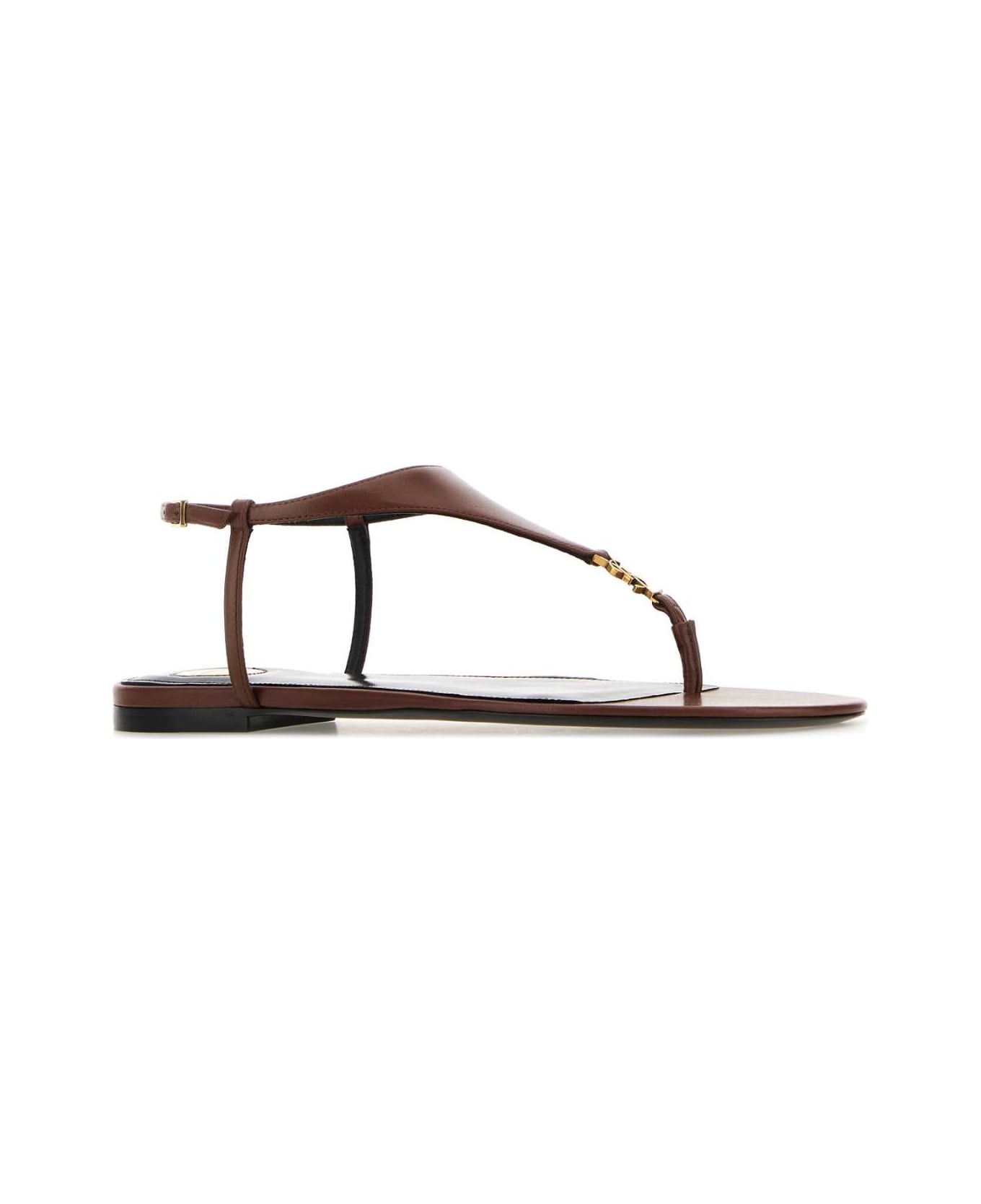 Saint Laurent Caramel Leather Cassandre Thong Sandals - AESTHETIC BROWN