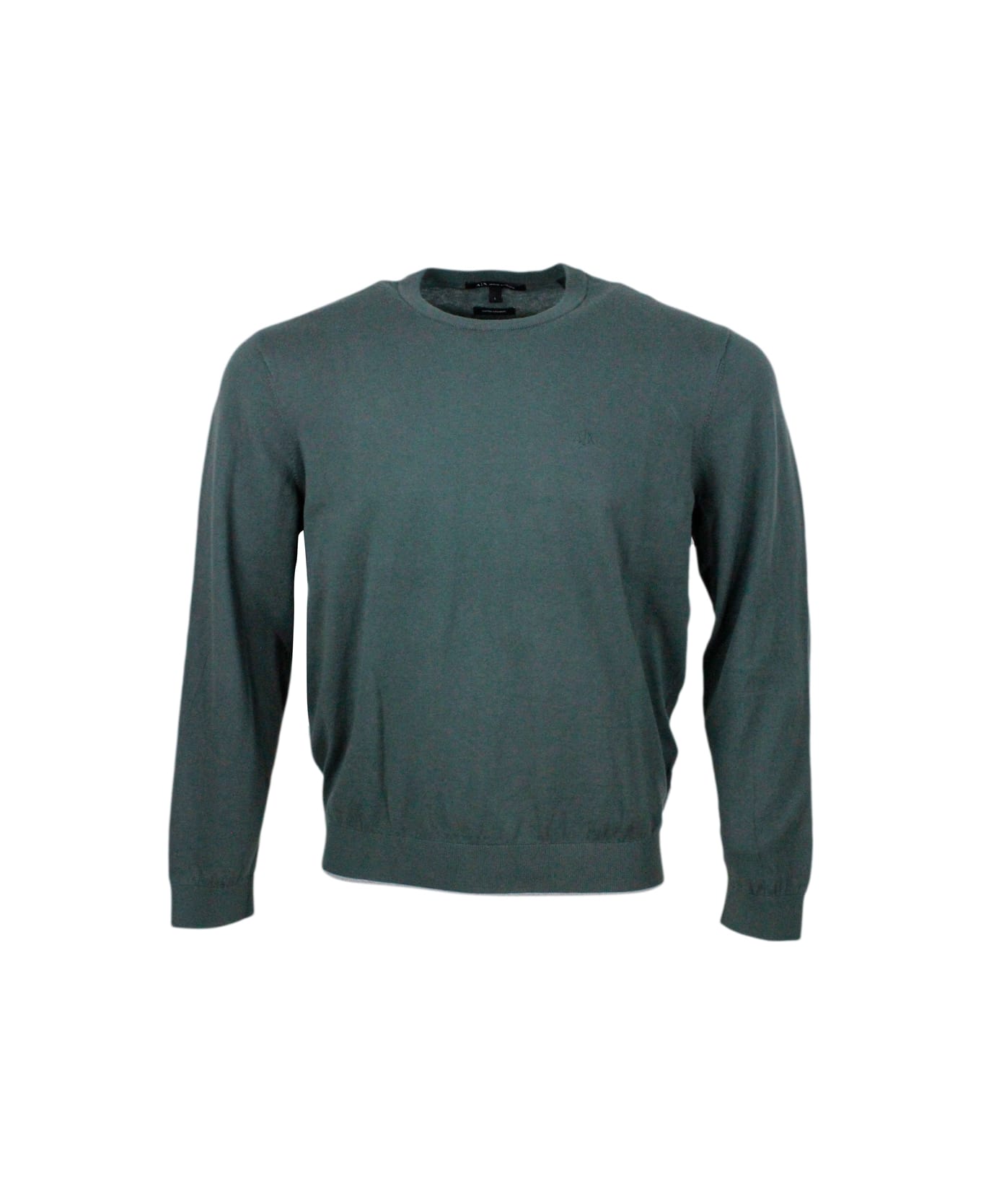 Armani Collezioni Lightweight Long-sleeved Crew-neck Sweater Made Of Warm Cotton And Cashmere With Contrasting Color Profiles At The Bottom And On The Cuffs - Verde urban chic