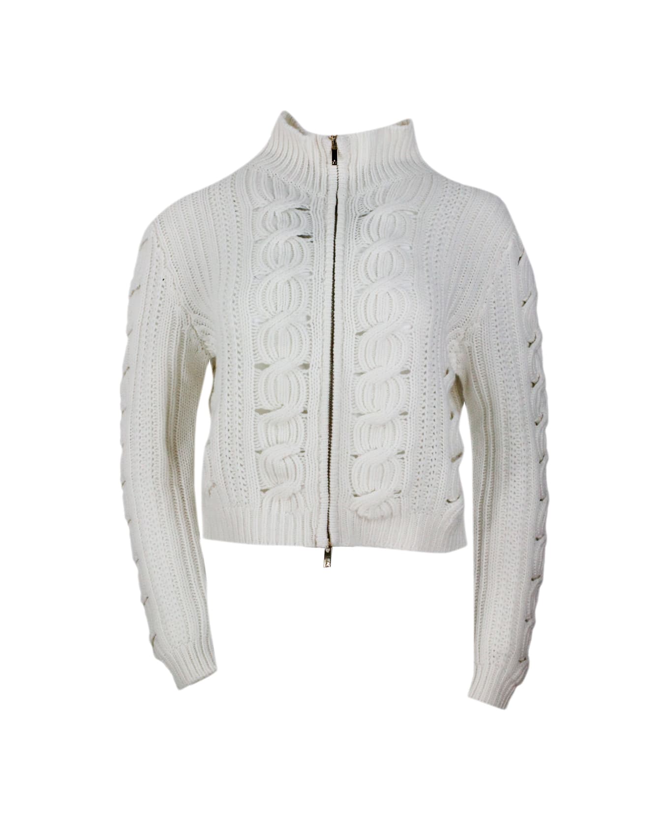 Lorena Antoniazzi Full Zip Turtleneck Sweater Made Of Soft Wool, Cashmere And Silk With Cable Knit - White