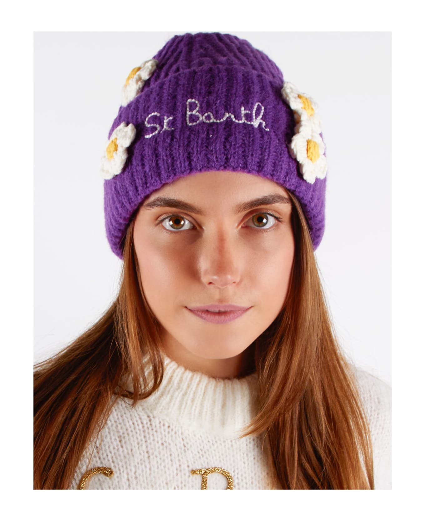 MC2 Saint Barth Woman Brushed And Ultra Soft Beanie With Daisies Appliqués - PURPLE