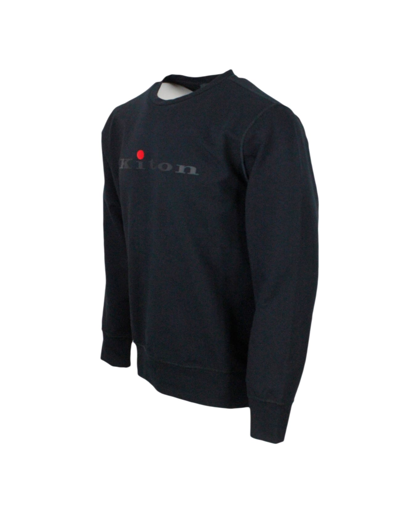 Kiton Long-sleeved Crew-neck Sweatshirt In Fine Stretch Cotton With Logo Writing On The Chest - Blu フリース