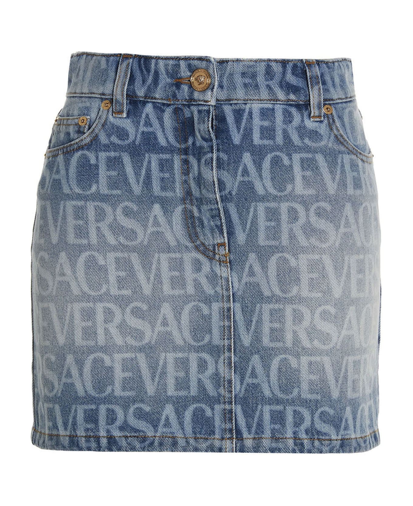 Versace Logo Denim Skirt - Light Blue