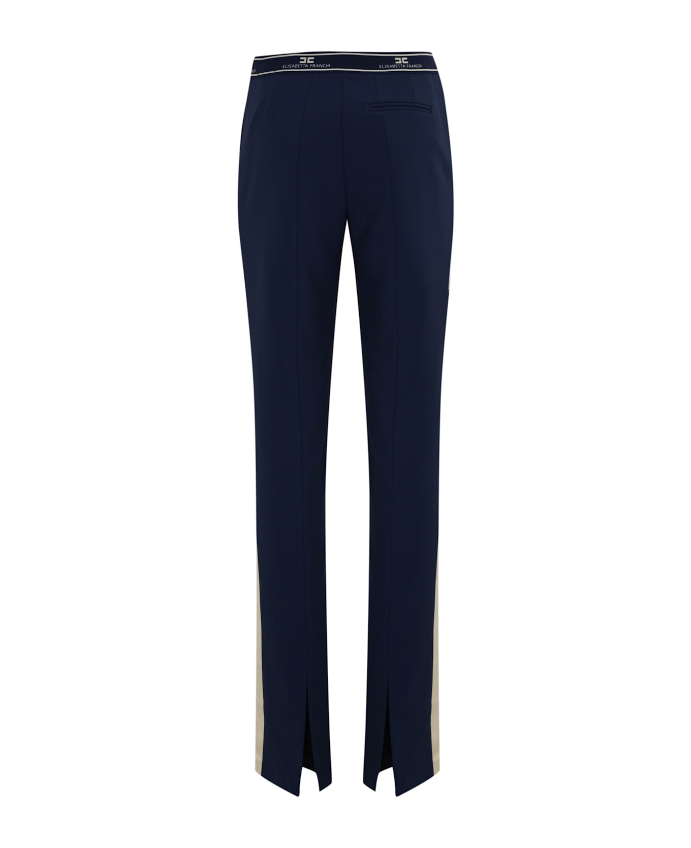 Elisabetta Franchi Straight Crepe Trousers With Logo Band - Navy