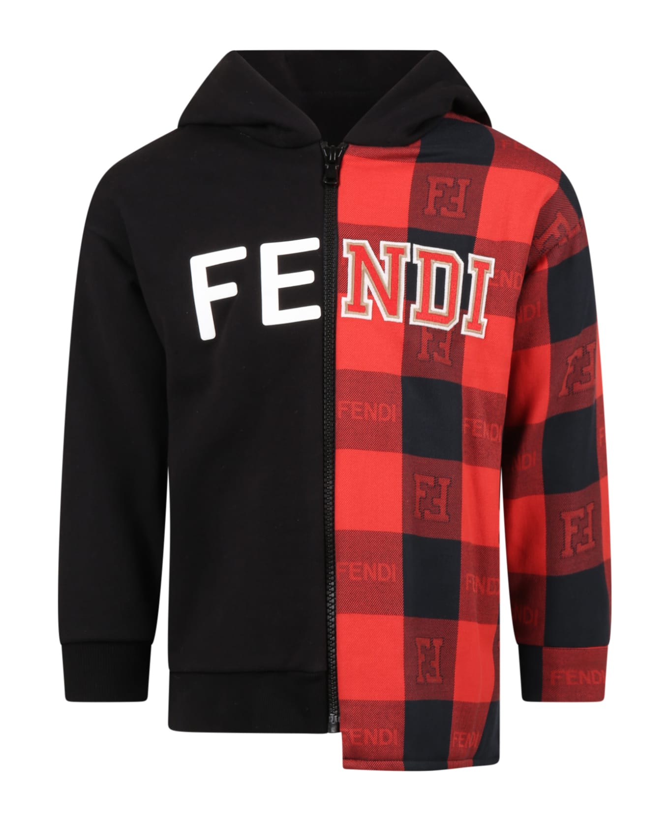 Fendi TEE Black Sweatshirt For Kids With Red Check - Multicolor