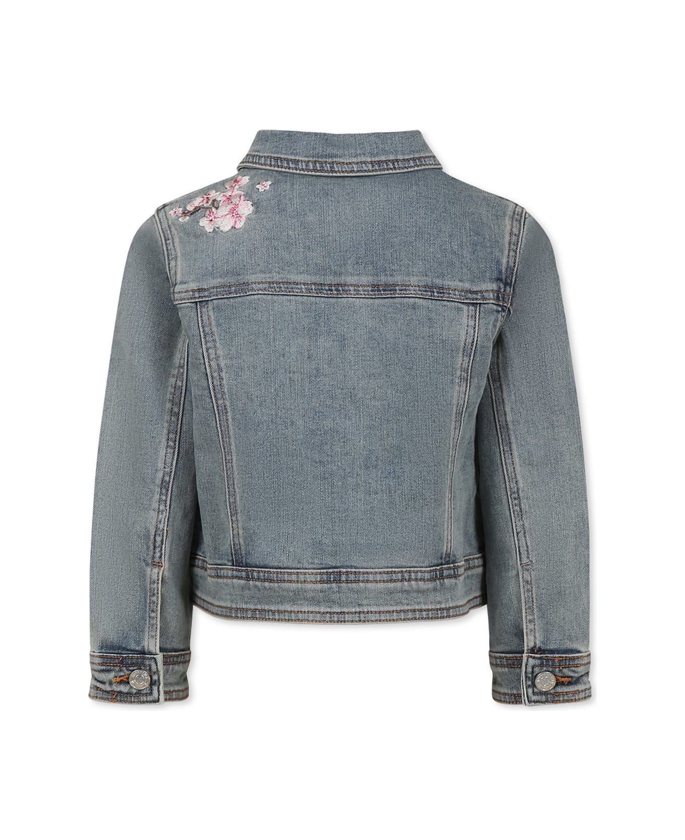 Monnalisa Grey Denim Jacket For Girl With Logo And Embroidery - Grey