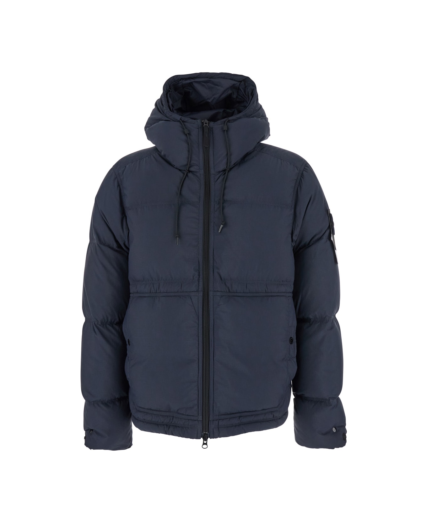 Stone Island Blue Down Jacket With Drawstring Hood And Logo Patch On The Sleeve In Tech Fabric Man - Blu