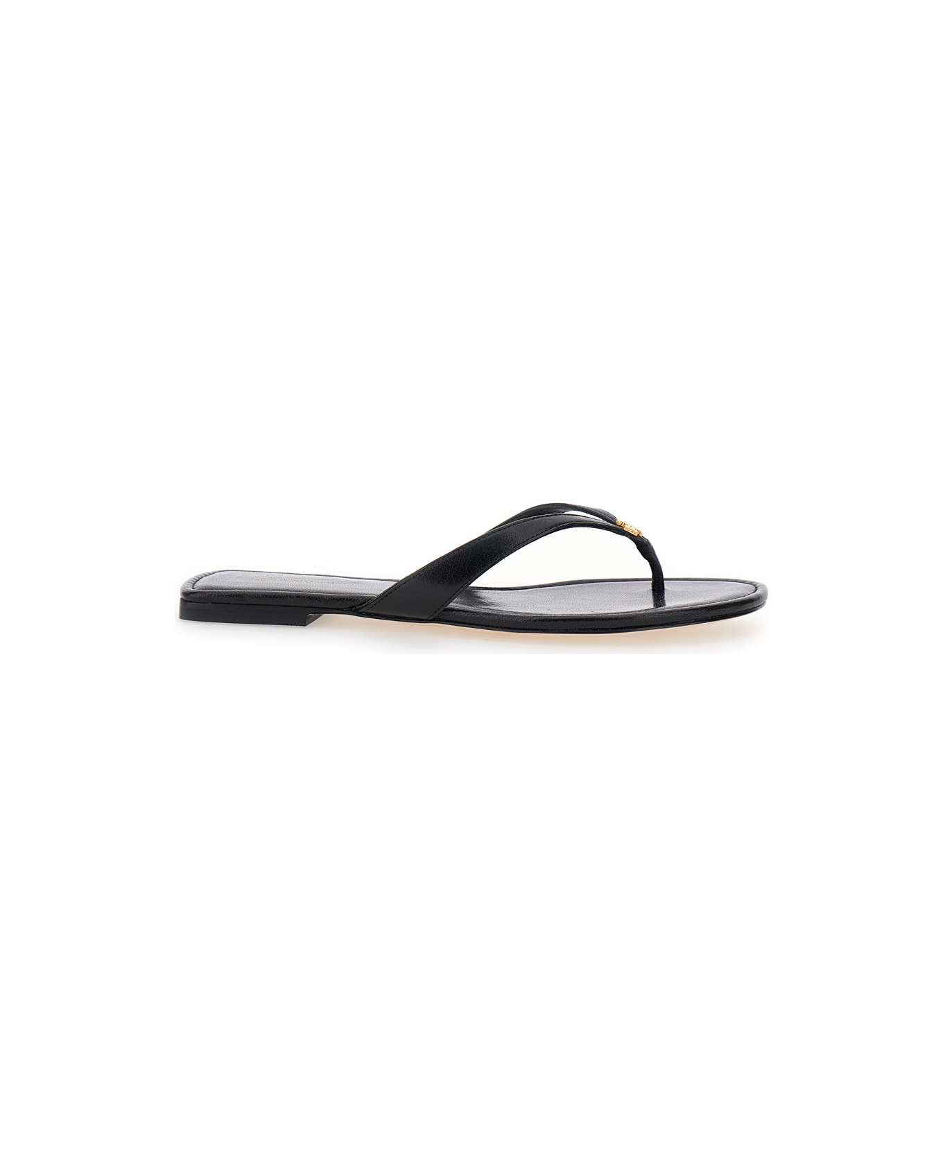 Tory Burch 'classic' Black Flip Flop Sandals With Logo Plaque And Thong Strap In Leather Woman - Black