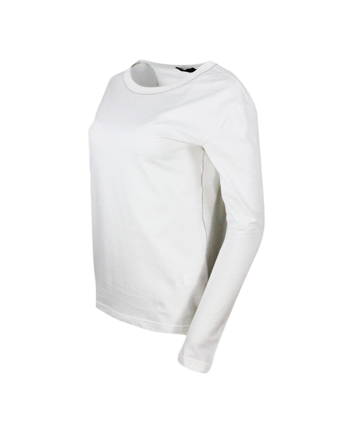 Fabiana Filippi Crew-neck Long-sleeved Cotton Jersey T-shirt Embellished With Rows Of Monili On The Neck - White