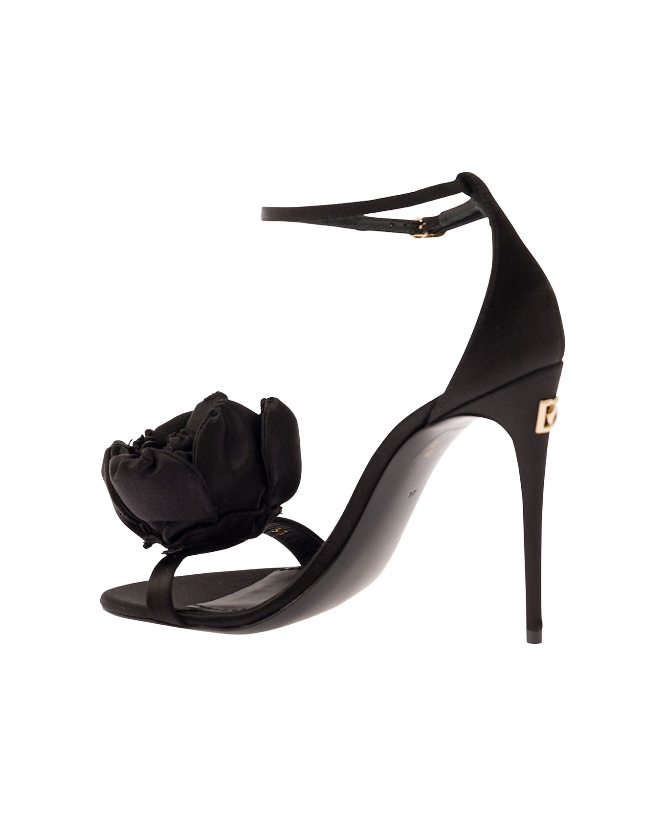 Dolce & Gabbana Black Sandals With Tonal Flowers In Satin Woman - Black