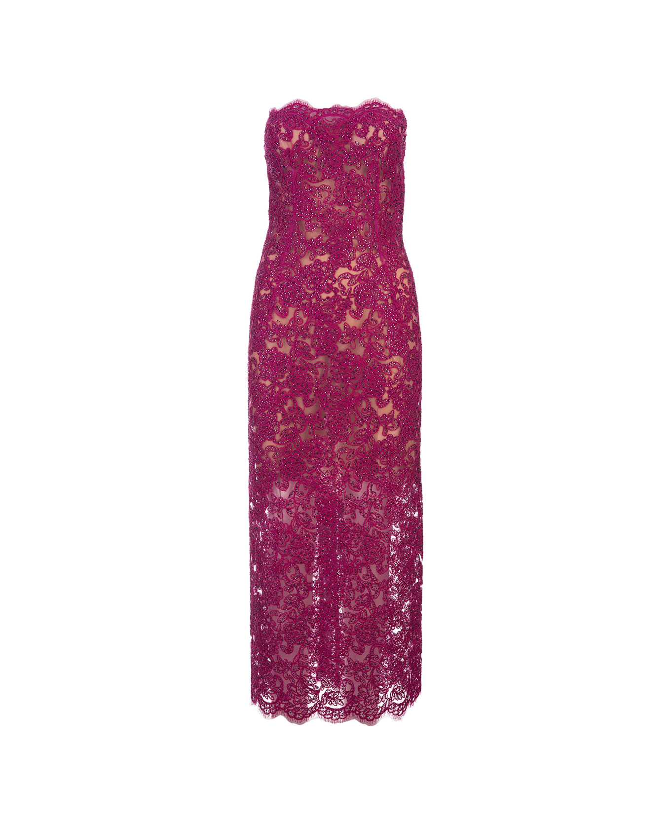 Ermanno Scervino Fuchsia Lace Longuette Dress With Micro Crystals - Pink ワンピース＆ドレス