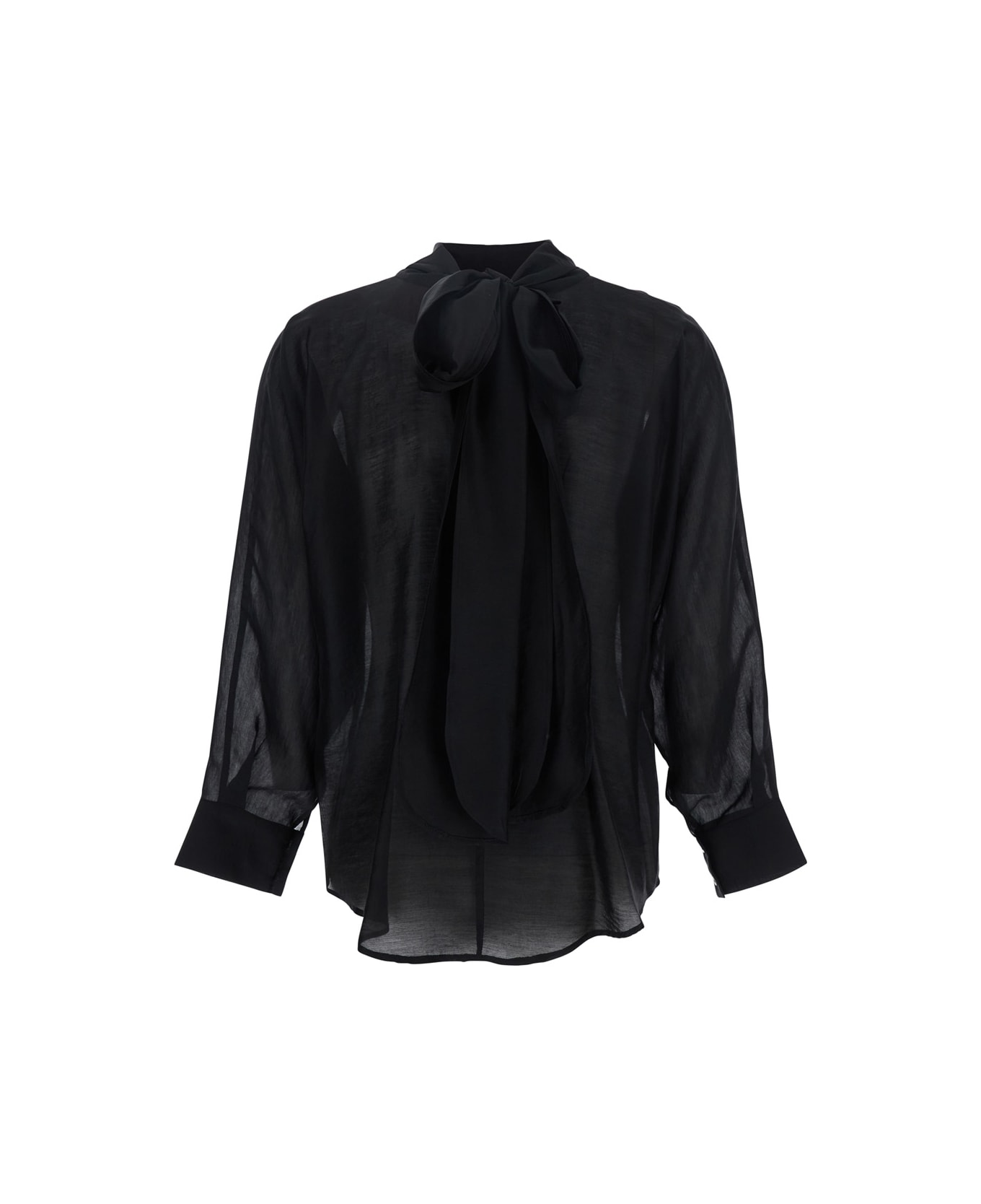 Merci Black Shirt With Pussybow Collar And Buttoned Cuffs In Fabric Woman - Black