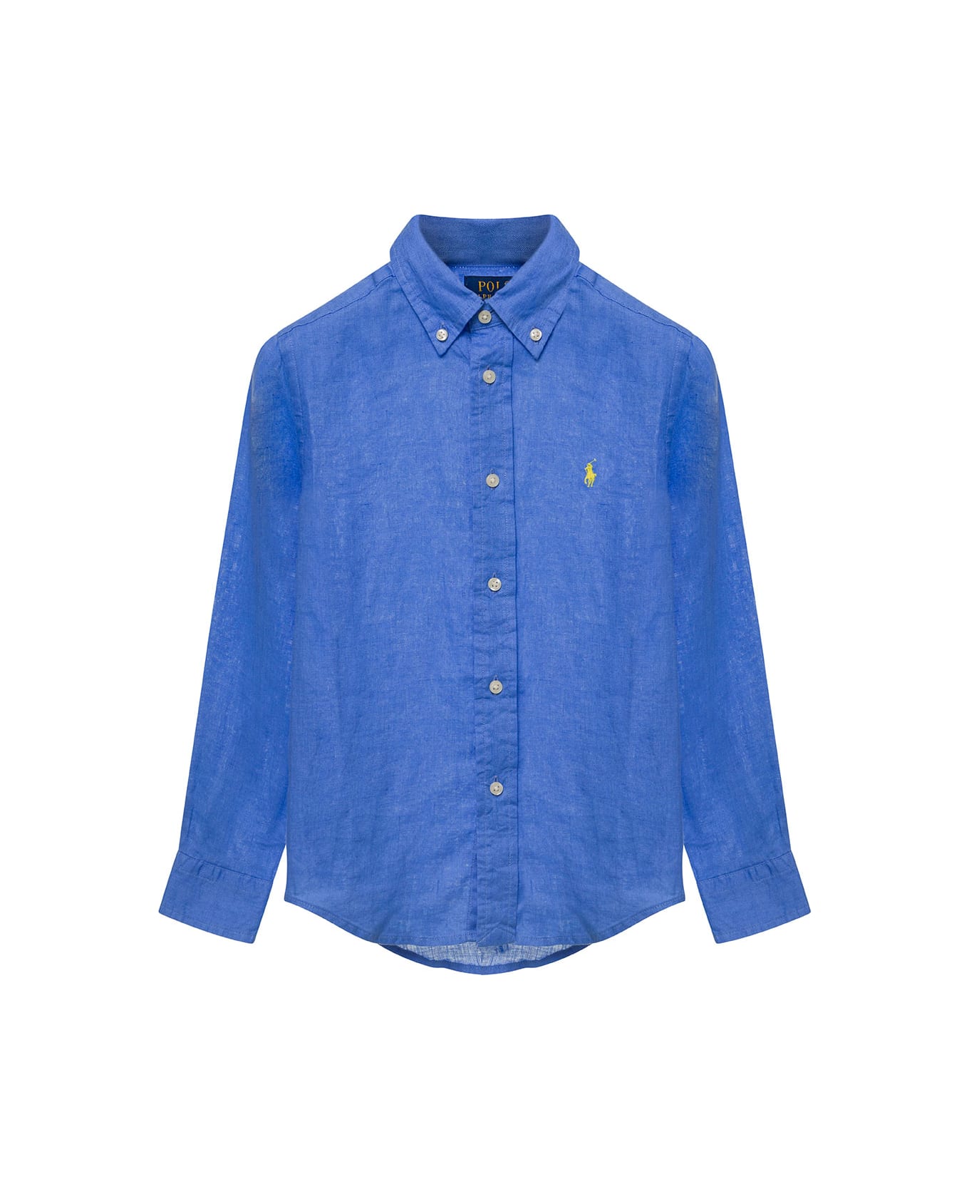 Polo Ralph Lauren Blue Shirt With Logo Embroidery In Linen Man - Blue シャツ