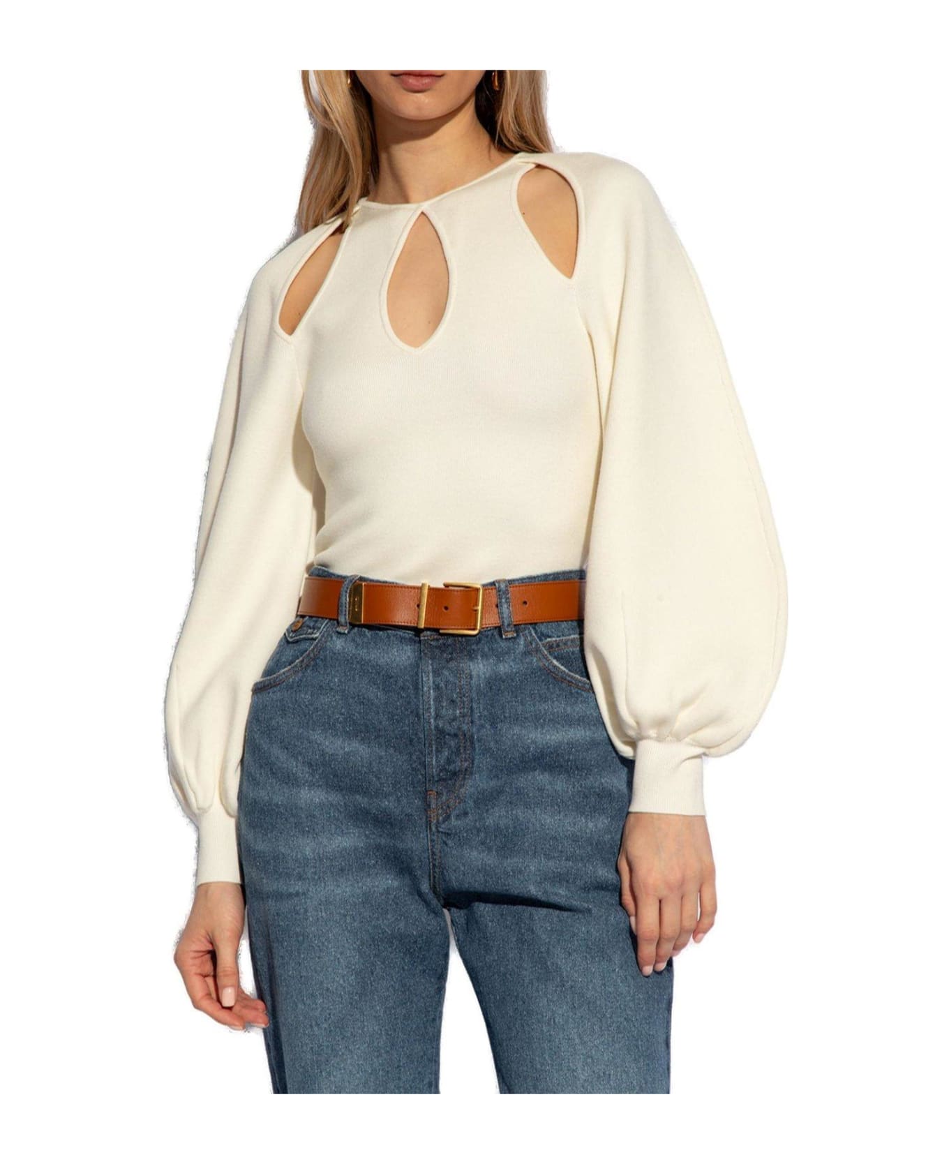 Chloé Puff-sleeved Cut-out Knit Top - Iconic milk ブラウス