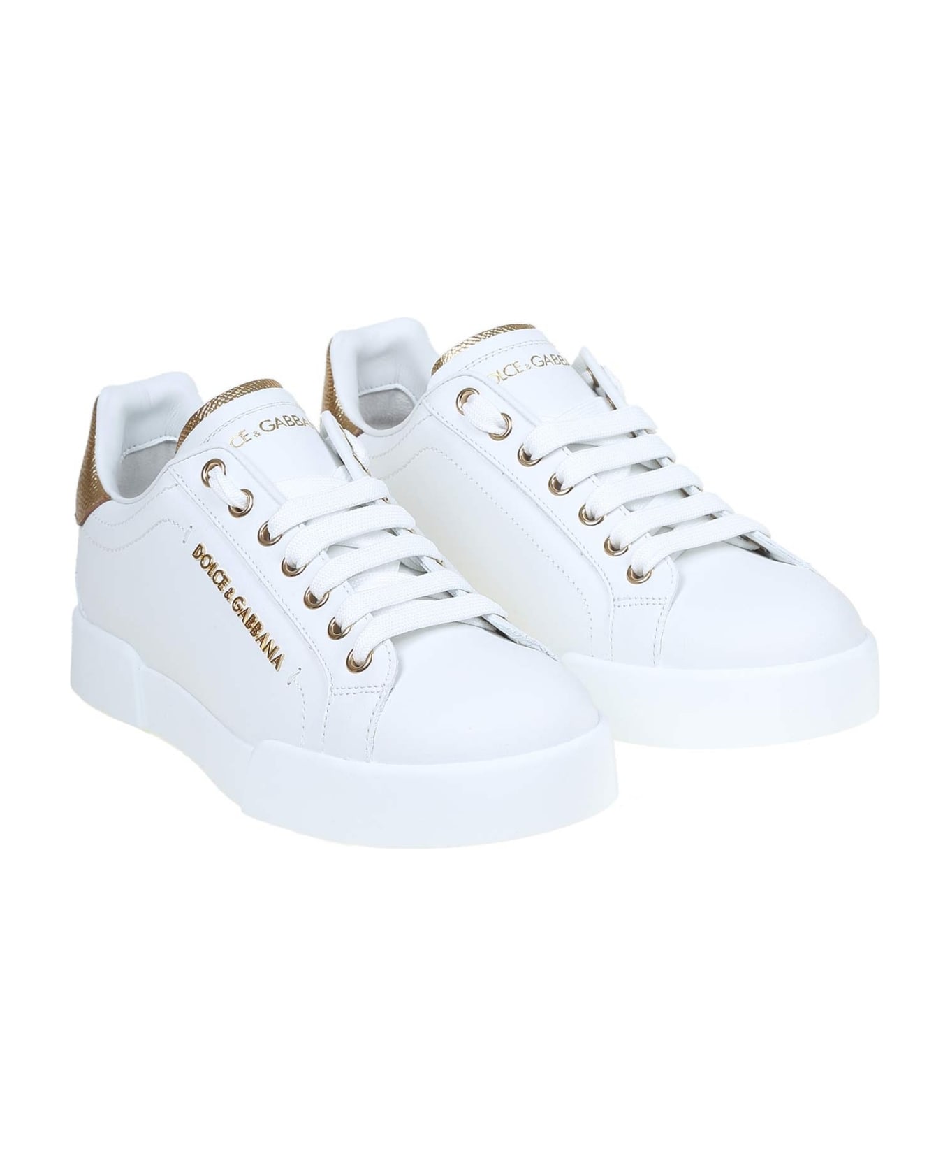 Dolce & Gabbana Portofino Sneakers In White Leather With Logo Pearl - White / Gold