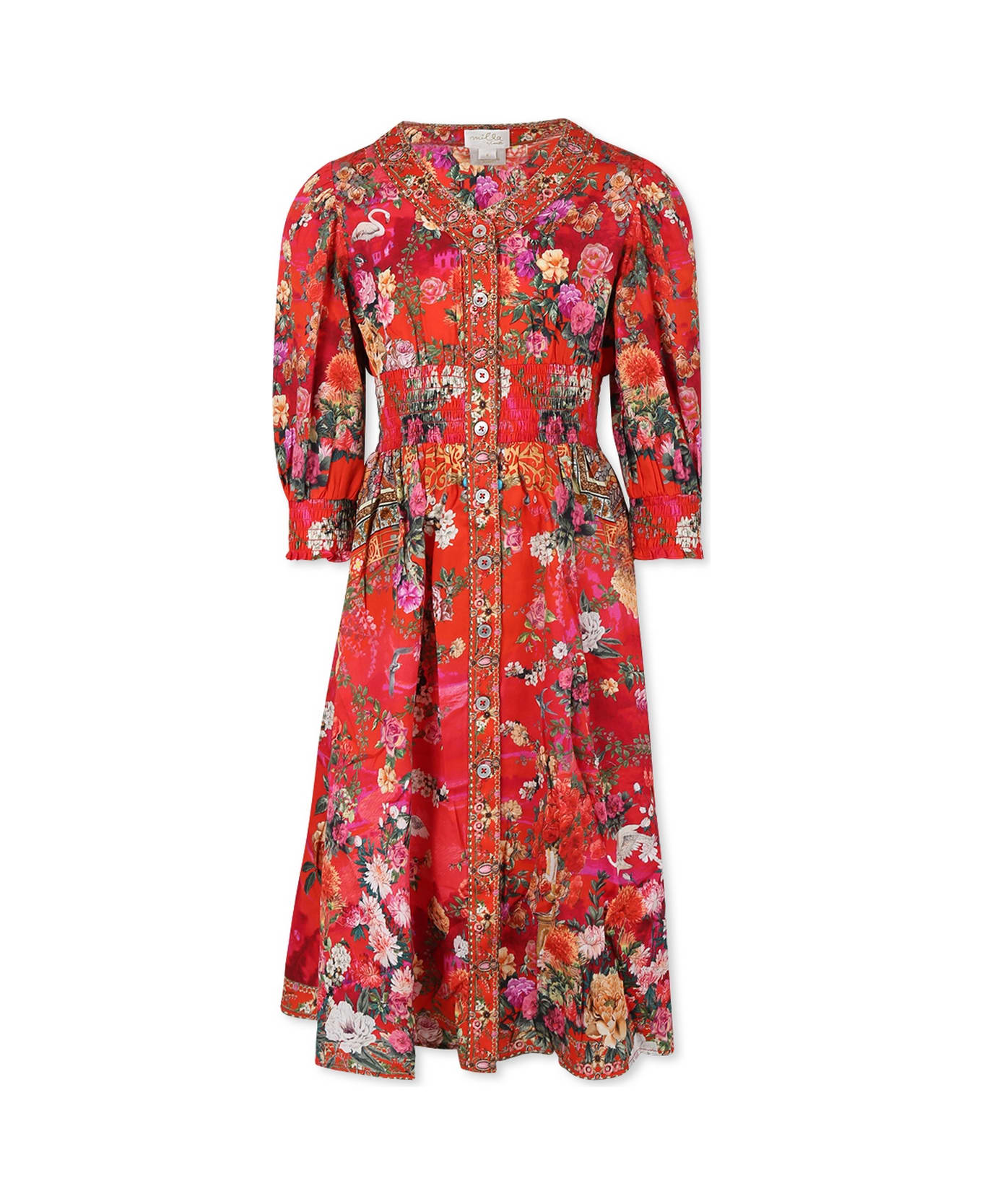 Camilla Red Dress For Girl With Floral Print - Red