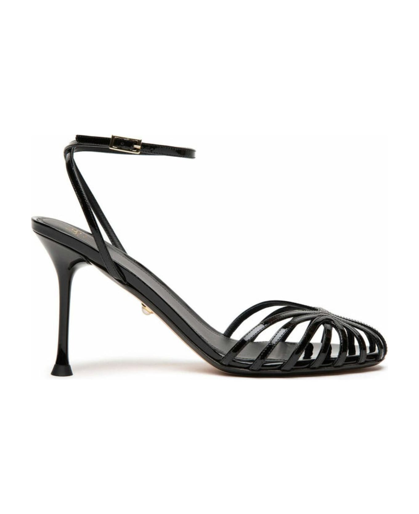 Alevì Black Patent Leather Cage Sandals - Black