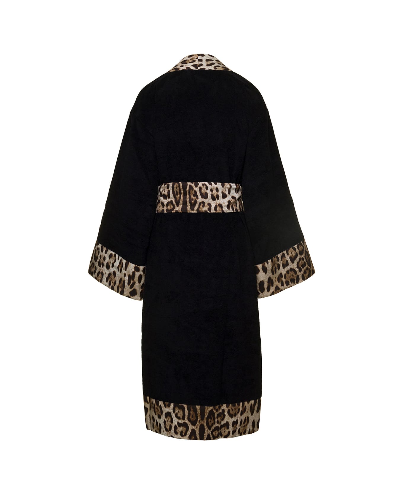 Dolce & Gabbana Black Kimono Bathrobe With Leopard Trim In Cotton Dolce & Gabbana - Black 水着