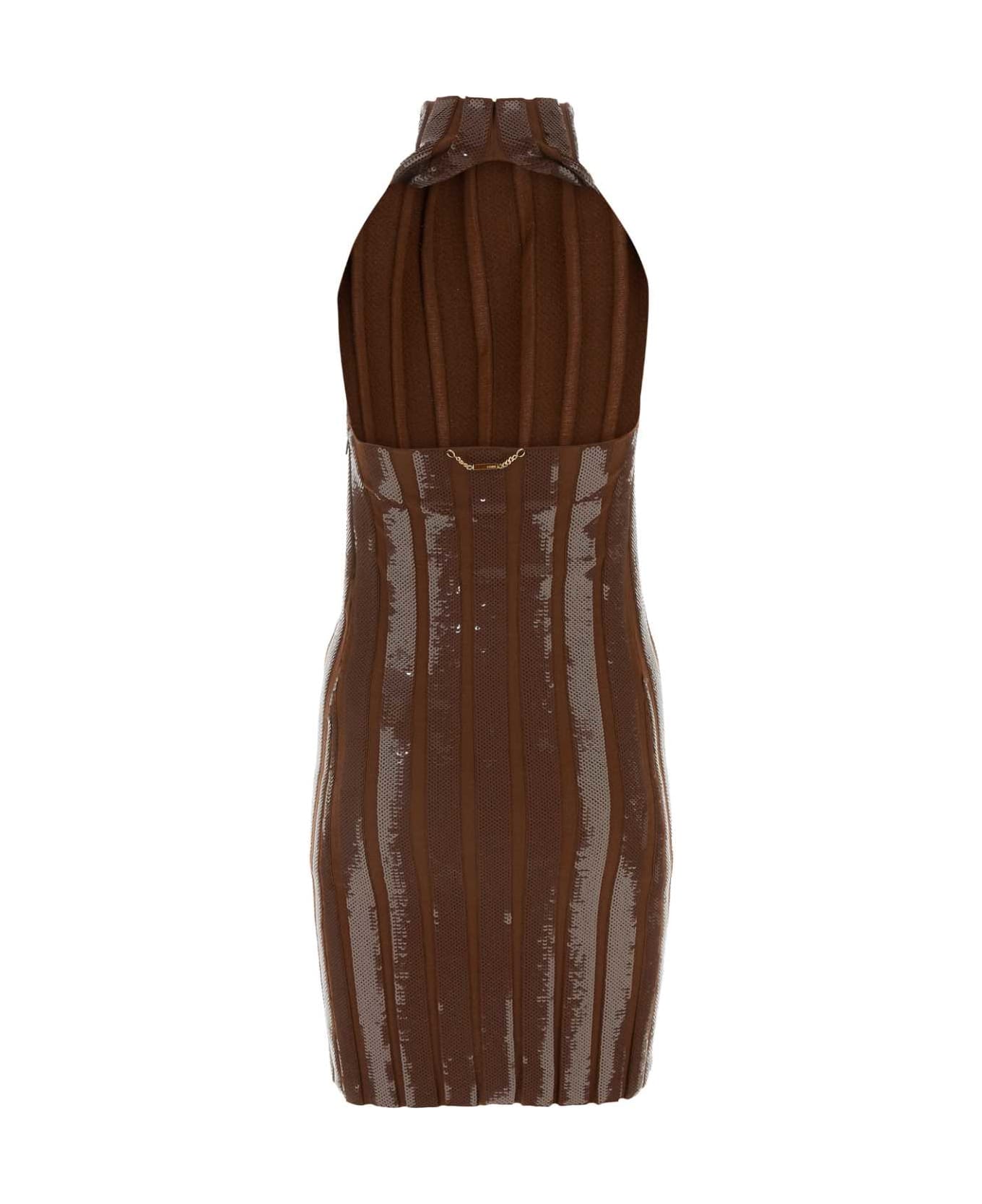 Fendi Brown Wool And Sequins Mini Dress - COCOA