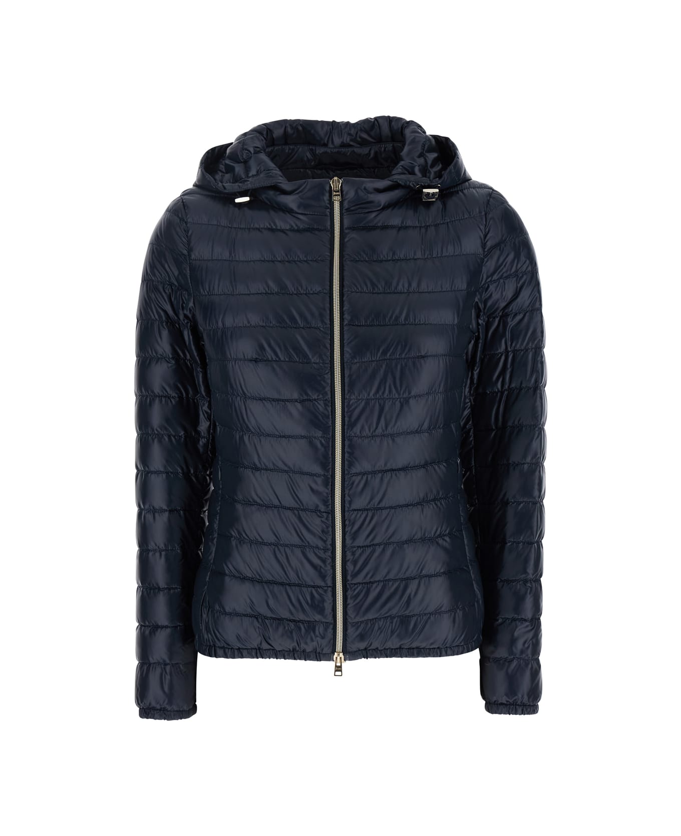 Herno Blue Down Jacket With Drawstring Hood And Logo Plaque On The Rear In Tech Fabric Woman - Blu