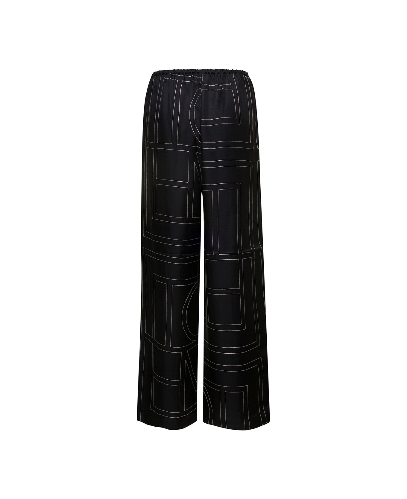 Totême Black Loose Pants With Monogram Print In Silk Woman - Nero