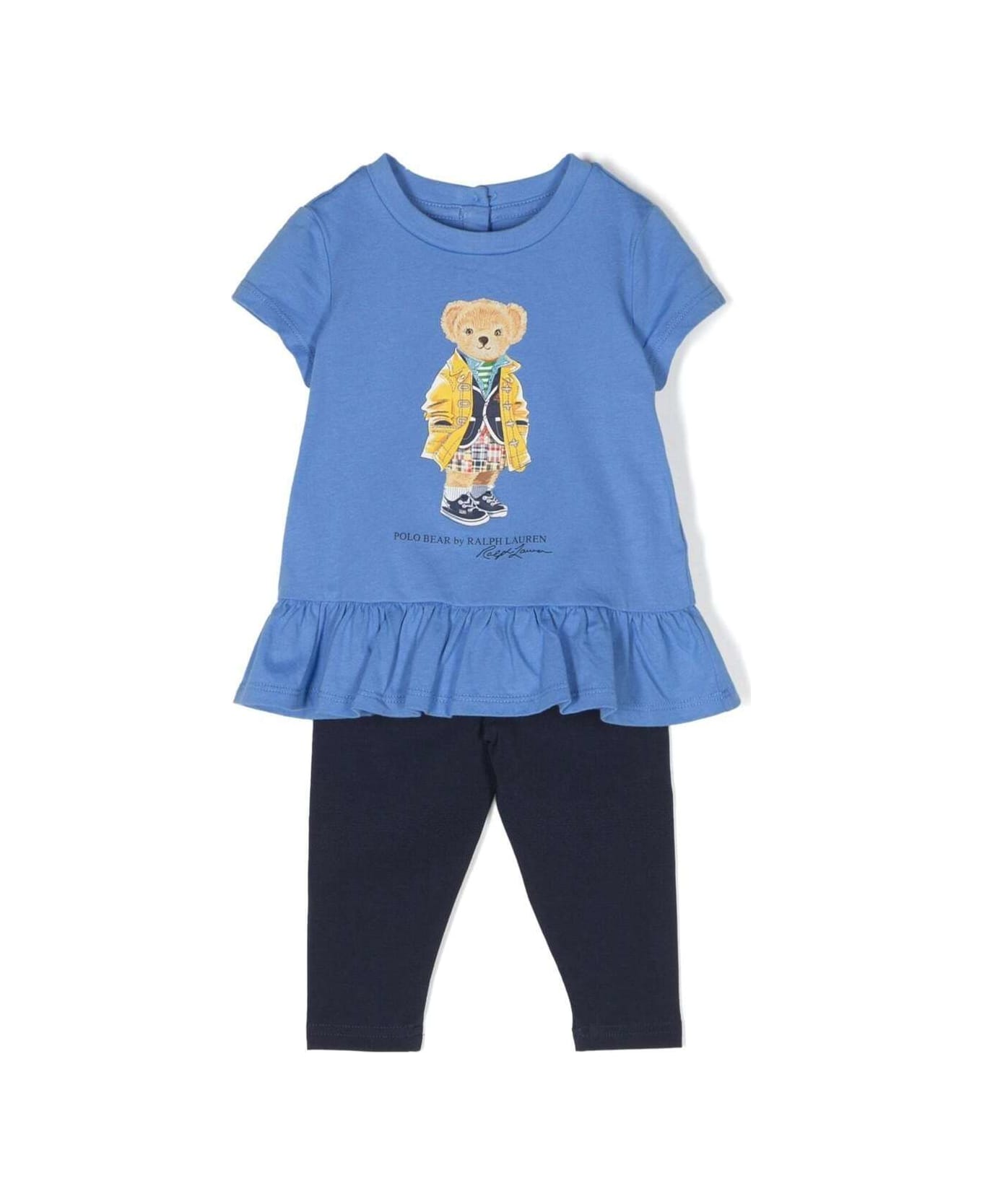 Polo Ralph Lauren Blue And Black Set With Top And Leggings With Teddy Bear Print In Cotton Baby - Blu ボトムス