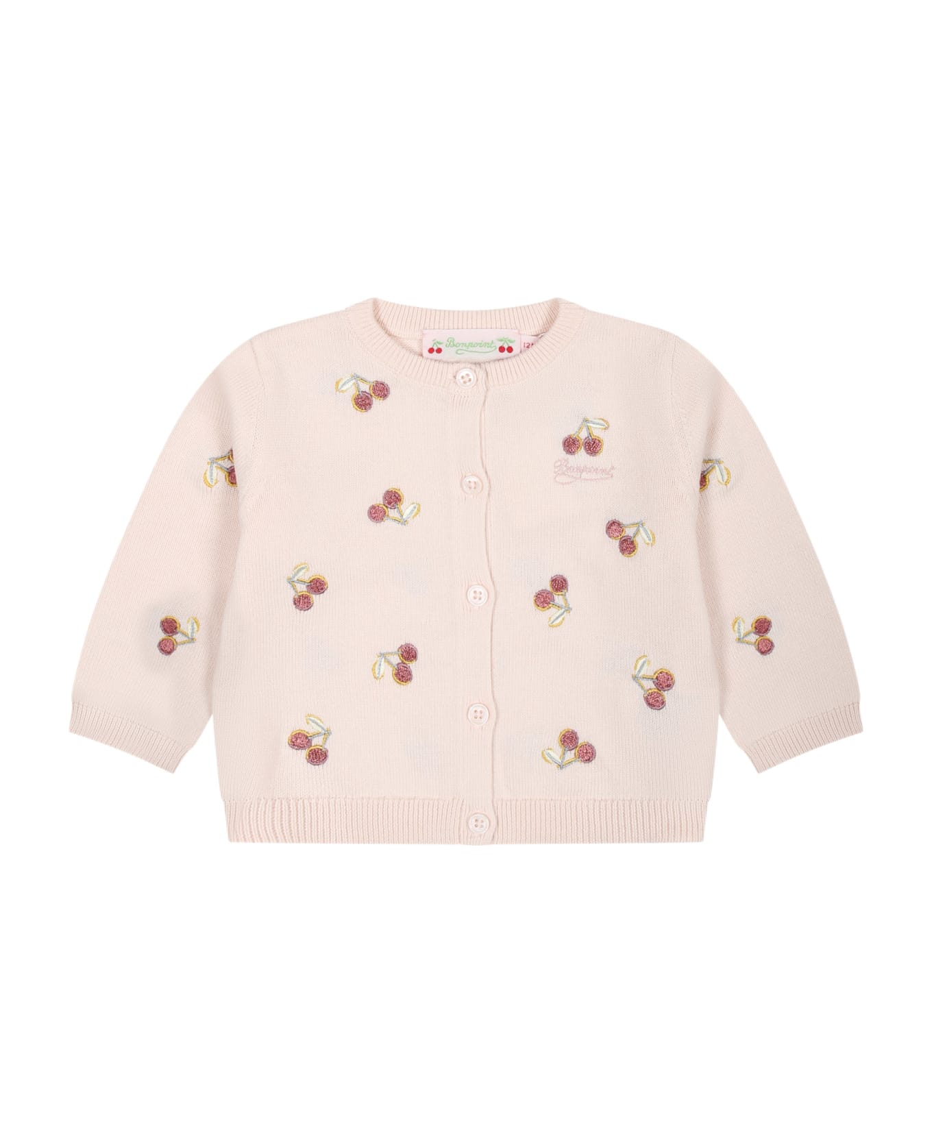 Bonpoint Pink Cardigan For Baby Girl With Cherries - Upb Rose ニットウェア＆スウェットシャツ