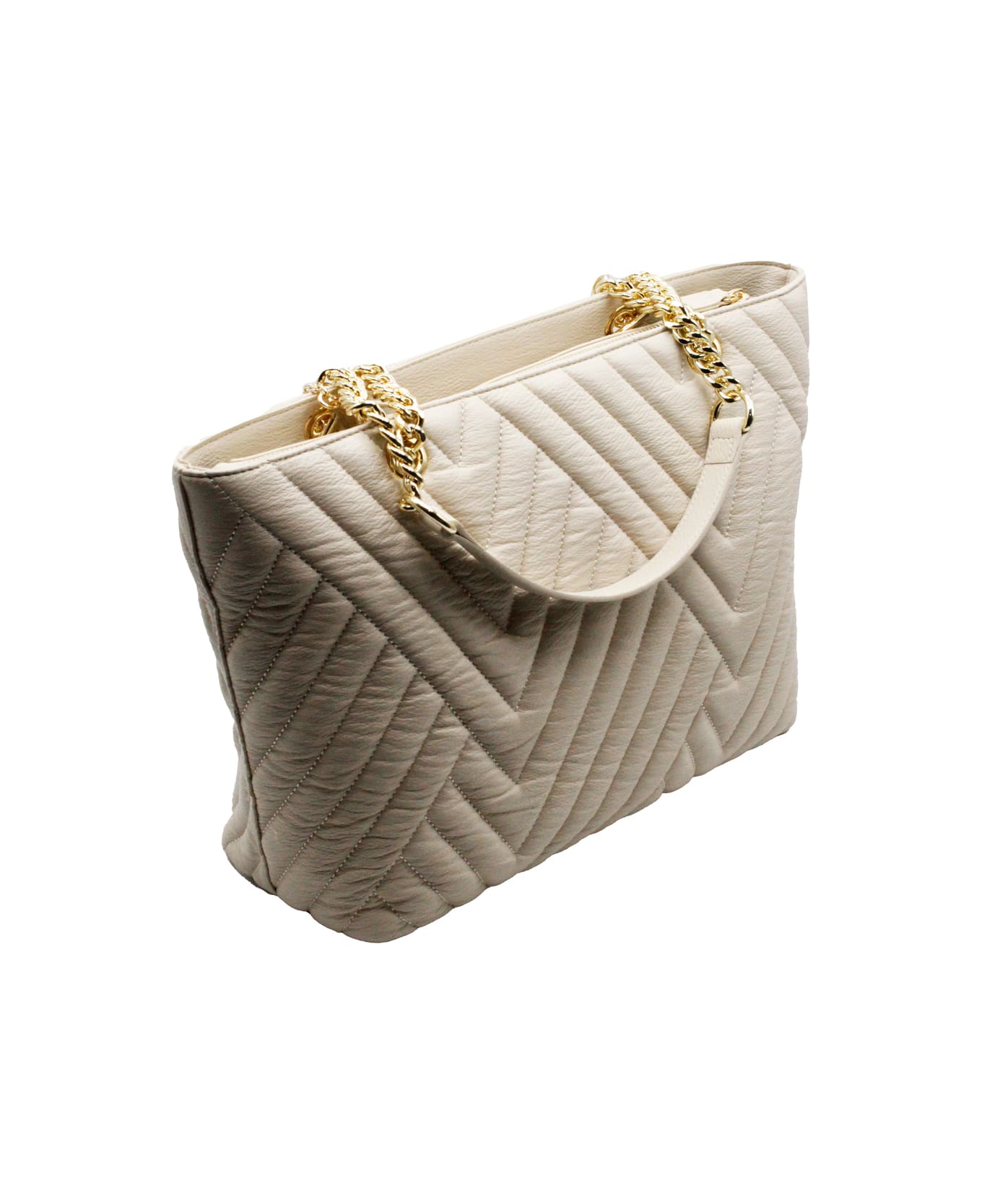 Armani Collezioni Eco-leather Matelassé Shopping Bag With Zip Closure And Chain Handles, Size 31x27x12 - Beige