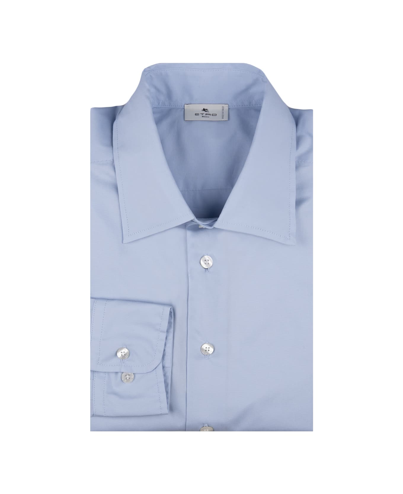 Etro Light Blue Shirt With Embroidered Logo And Printed Undercollar