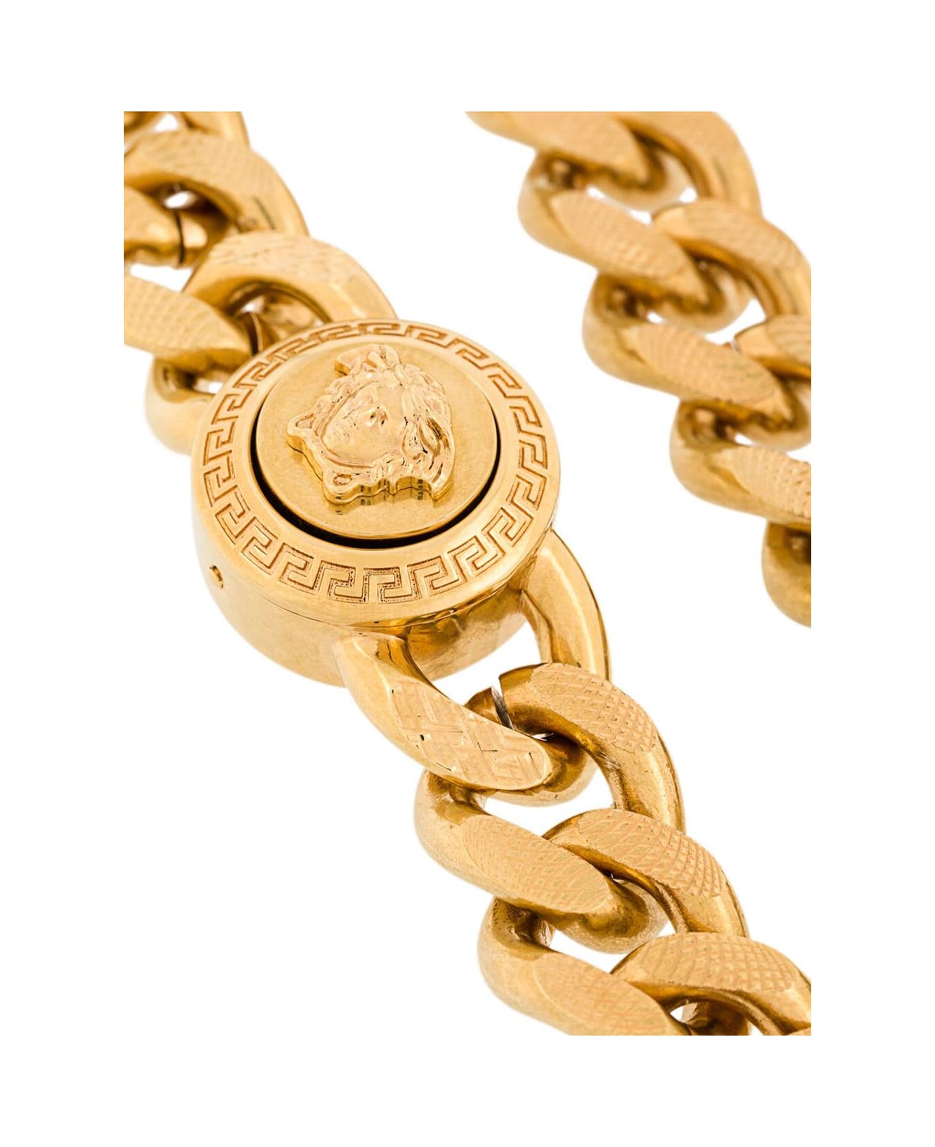Versace Man's Golden Metal Chain Bracelet With Logo - Metallic