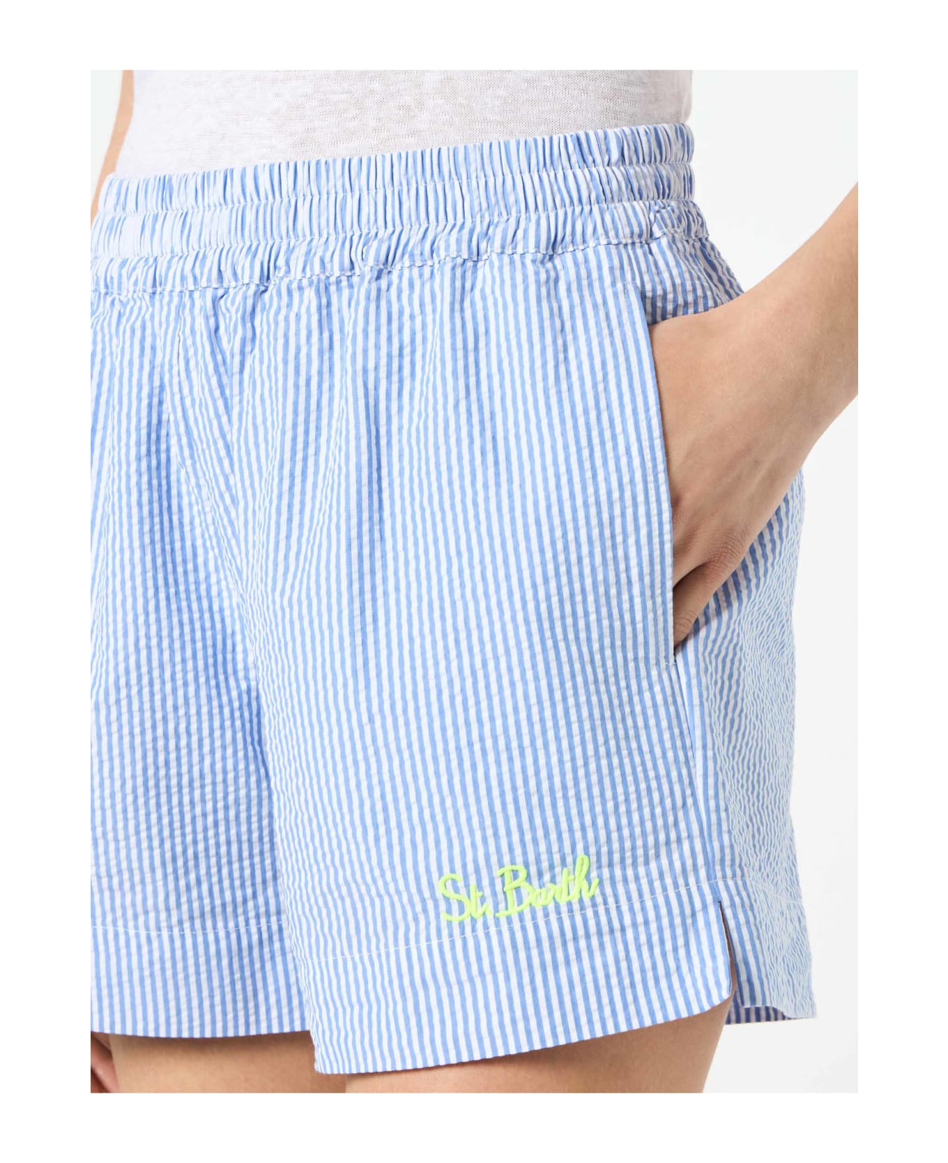 MC2 Saint Barth Woman Seersucker Short Pants With Striped Print - BLUE