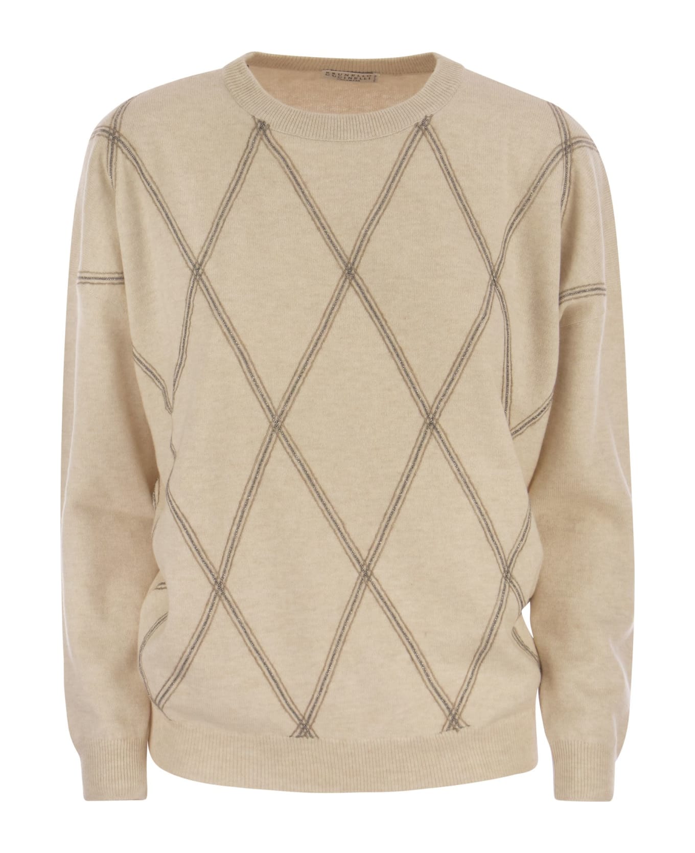 Brunello Cucinelli Crewneck Sweater In Fine Wool, Cashmere And Silk With Diamond Pattern - Sand
