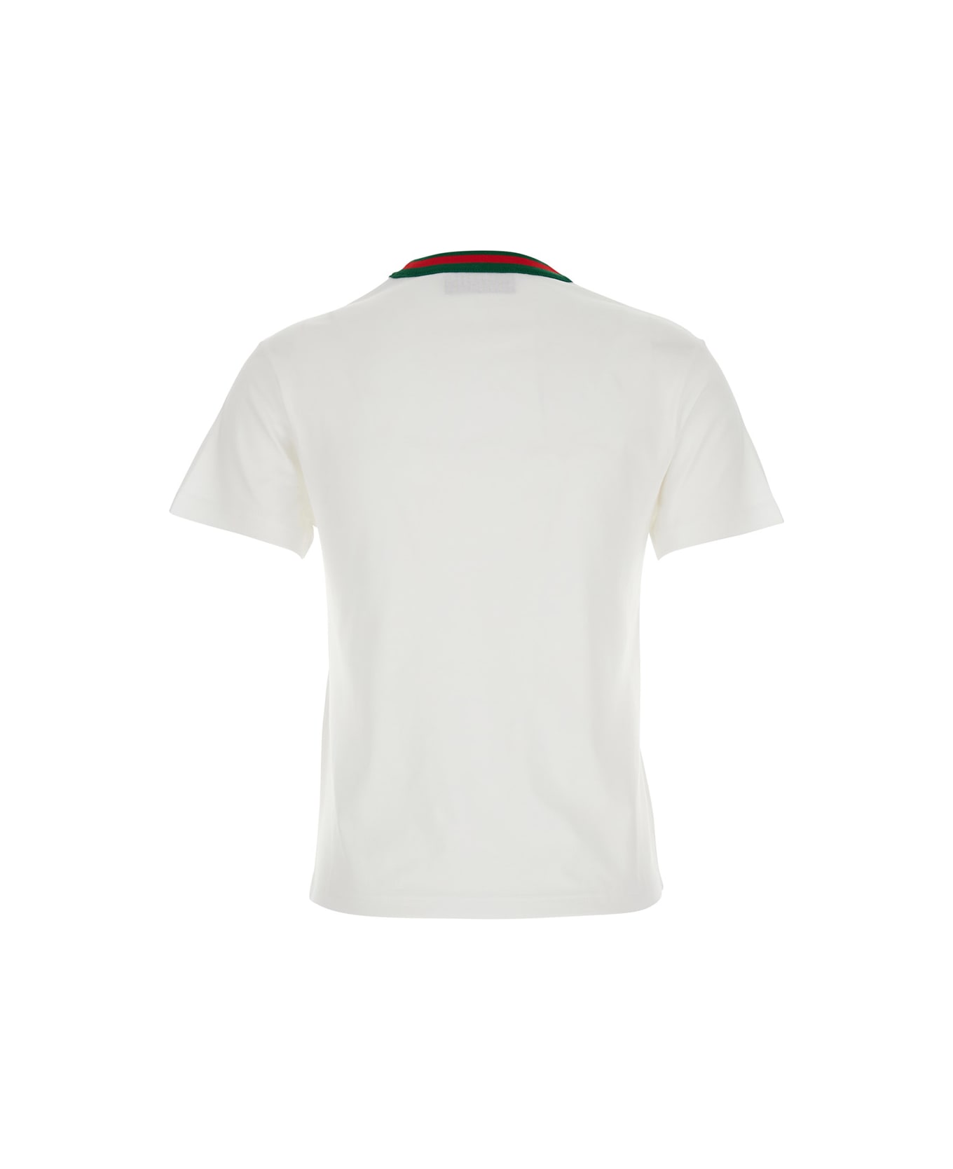 Gucci White T-shirt With Web Detail On The Neck In Cotton Woman - WHITEMIX
