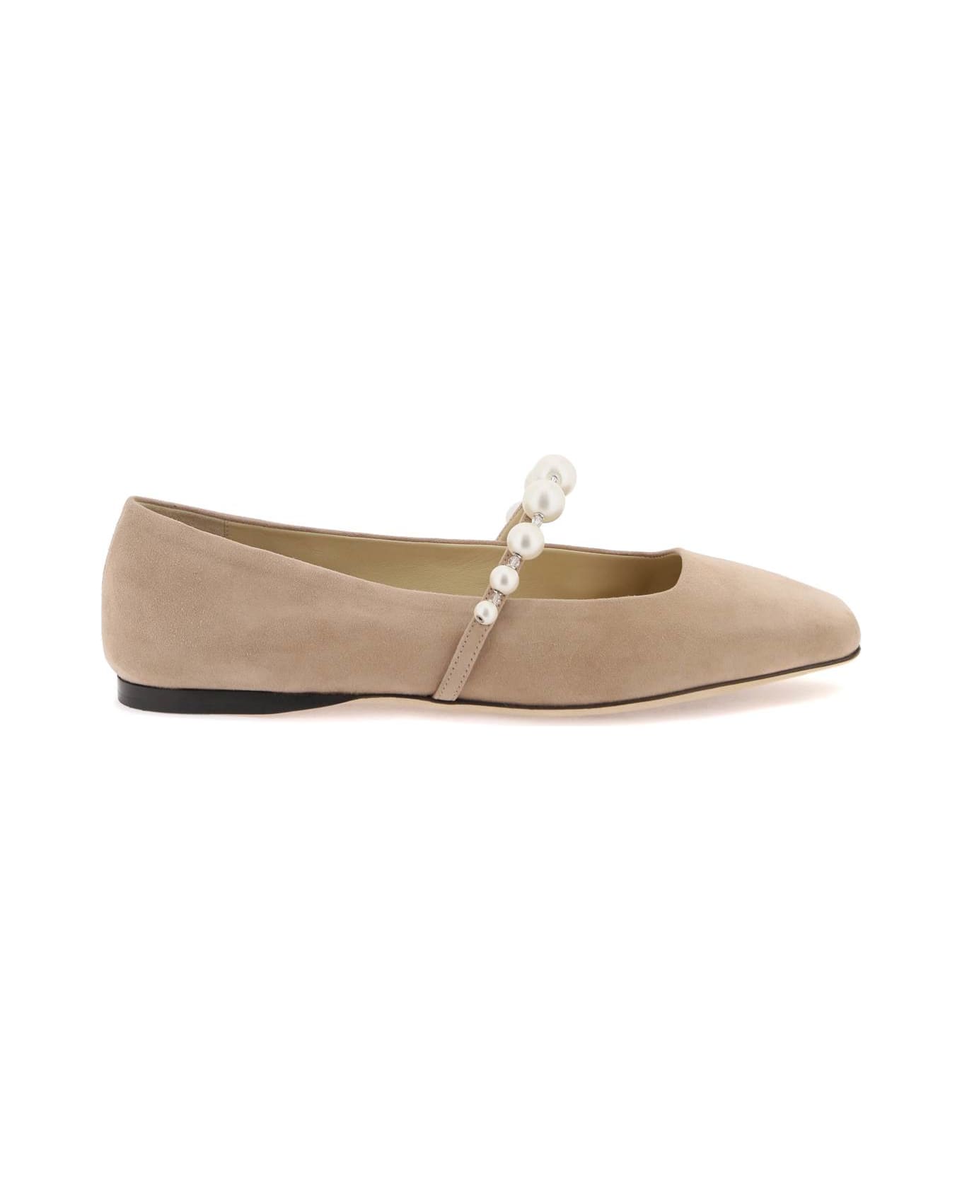 Jimmy Choo Suede Leather Ballerina Flats With Pearl - BALLET PINK WHITE