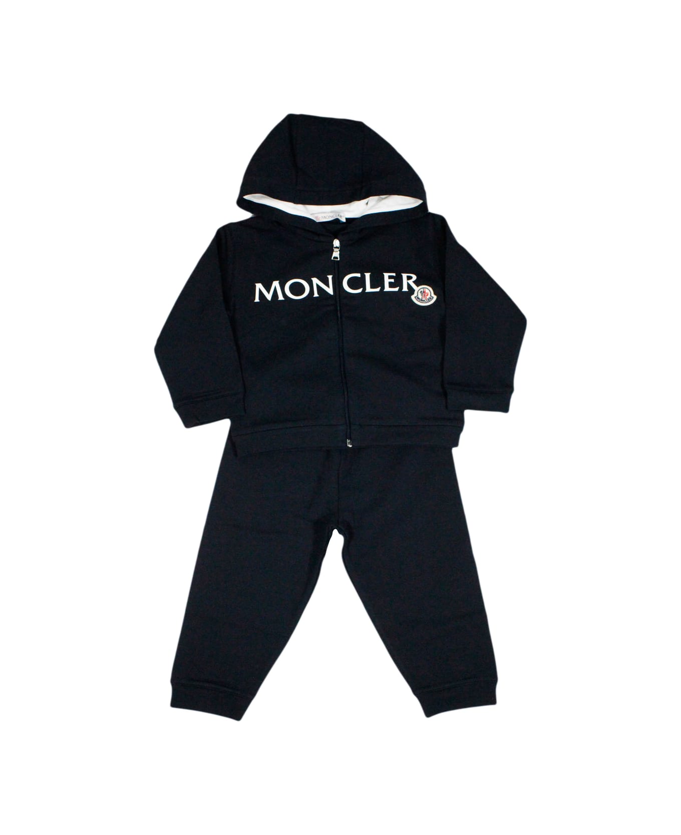 Moncler Complete With Zip-up Sweatshirt With Long-sleeved Hood In Fine Cotton And Trousers With Elastic Waist. Writing And Logo On The Chest - Blu