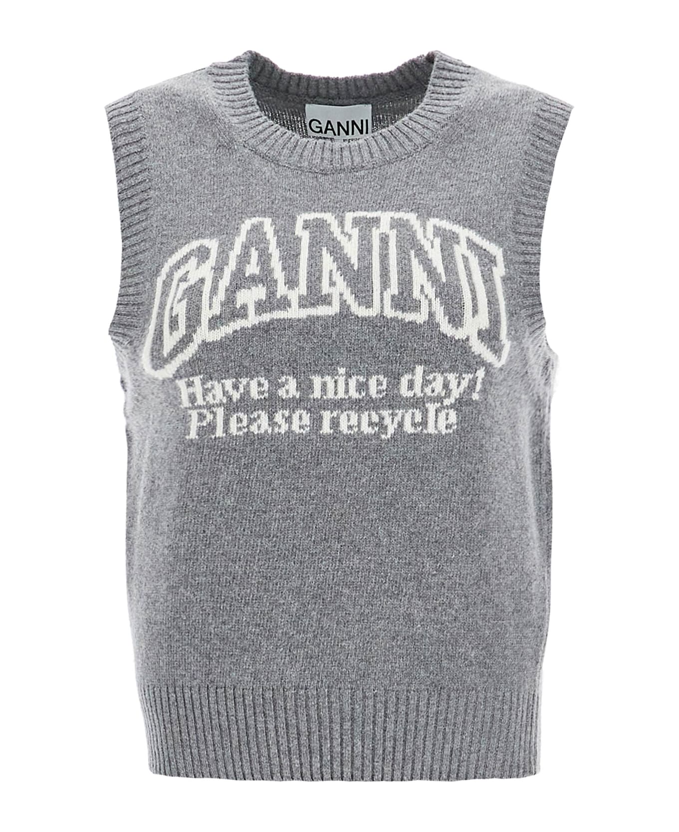 Ganni Knitted Vest With Logo - FROST GRAY (Grey)