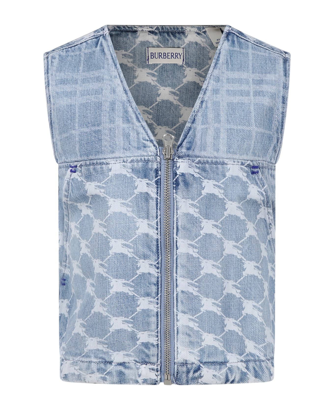Burberry Denim Vest For Girl With Iconic Check And All-over Logo