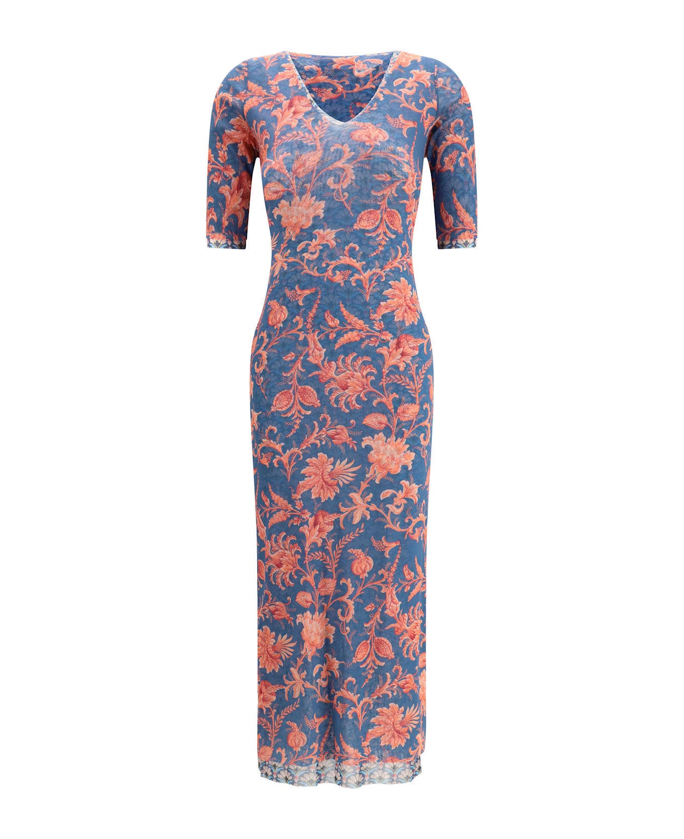 Etro Stretch Tulle Midi Dress With Floral Motif